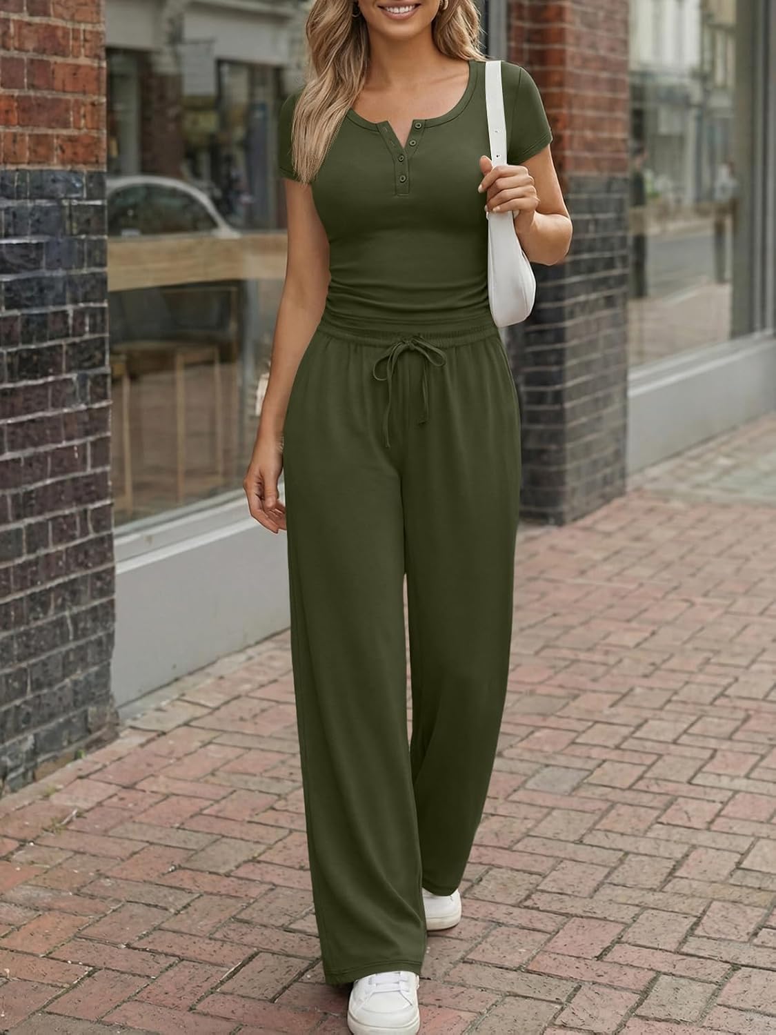 Trendy Queen Women's 2-Piece Lounge Set - Summer Henley Crop Top & Wide Leg Pants | Casual Comfort