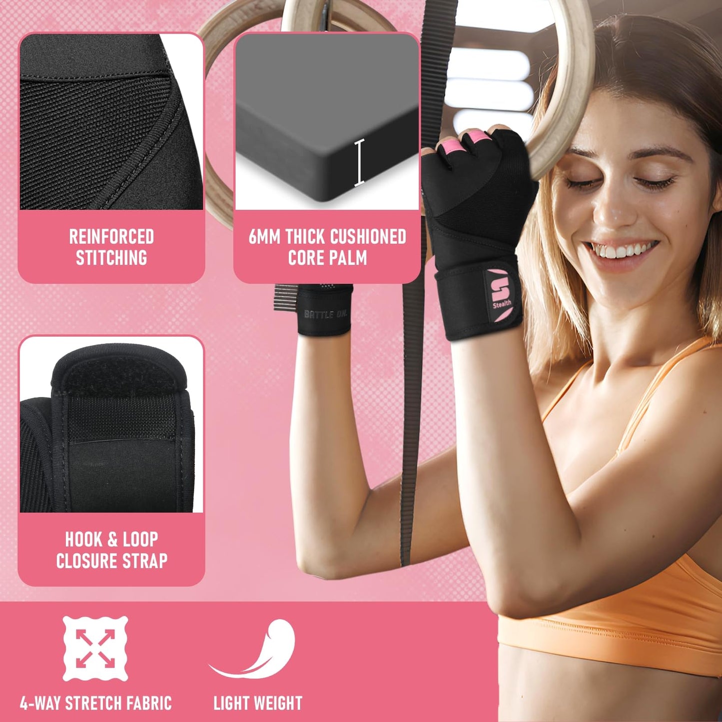 Stealth Sports Weight Lifting Gloves with Wrist Wrap Support Padded Palm Protection Exercise Gym Workout Gloves Men & Women Training Fitness Weightlifting Bodybuilding,E9(Pink,M)