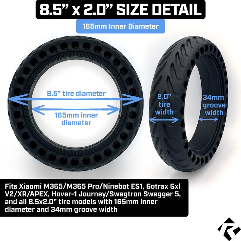 Revere USA Solid Electric Scooter 8.5 inch Tire, 8.5" x 2.0" Tubeless Front or Rear Replacement Honeycomb Rubber Tires Xiaomi m365, Mijia Pro, Gotrax GXL V2, Gotrax XR, 8 1/2'' Wheels Solid Tires 2pc