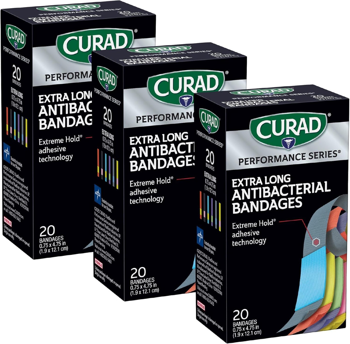 CURAD Performance Series Antibacterial Bandages, Extra Long, 0.75" x 4.75", 60 Count