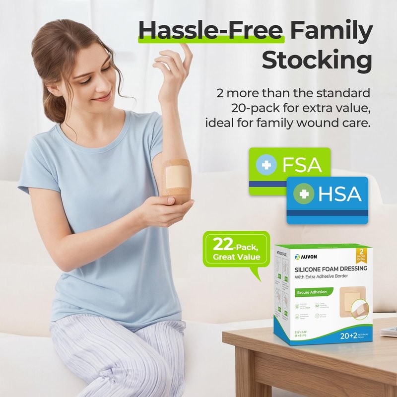 AUVON Silicone Foam Dressing with Large Adhesive Border, 3" x 3" 22 Packs Wound Dressing Bandage with High Absorbency, Waterproof Silicone Foam Pads for Wound Care, FSA/HSA Eligible