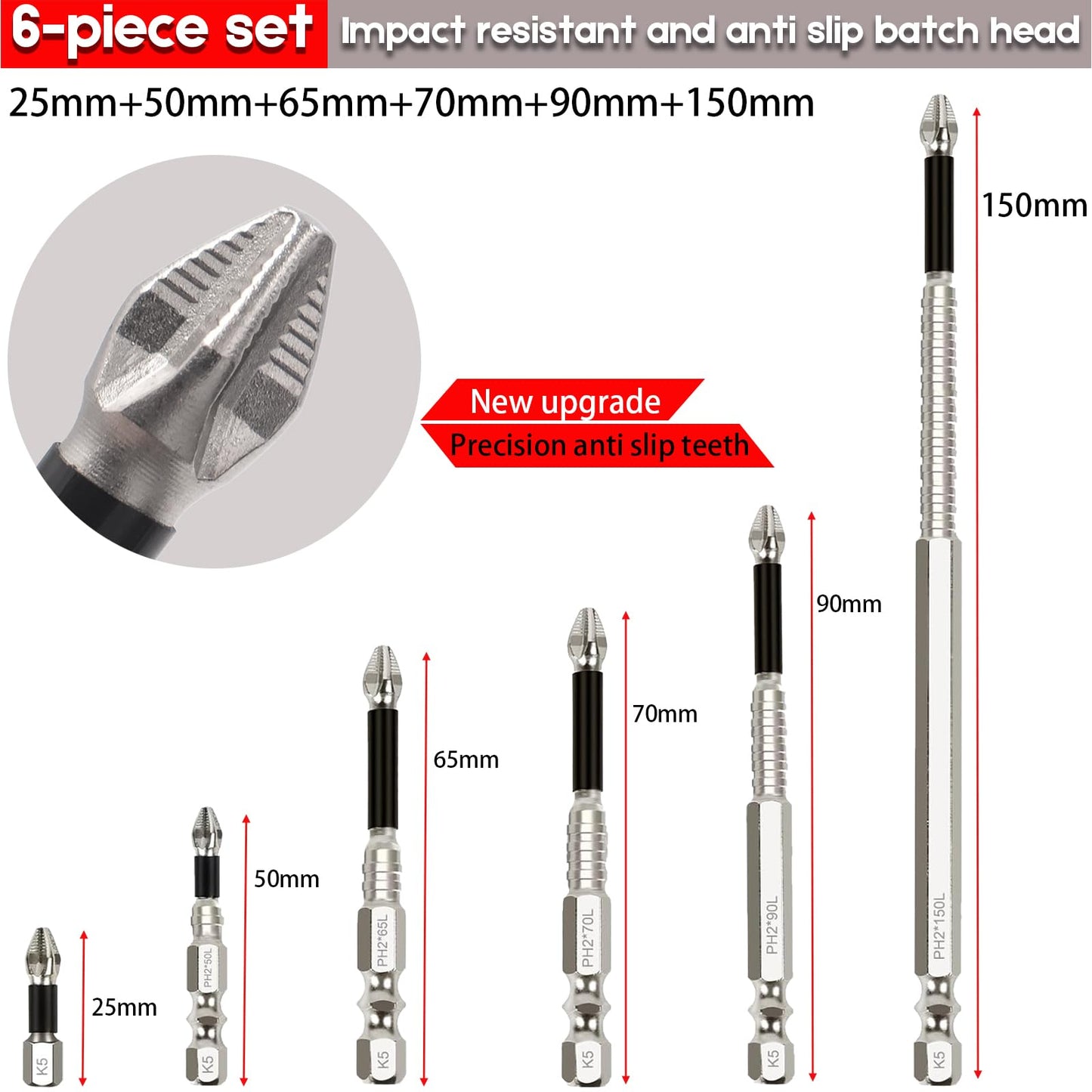 High Magnetic Drill Bit Set: K5 Impact Resistant Anti-Slip Bits, Non-Slip Alloy Steel for Impact Drivers, DIY/Pro Use 6pcs (25-150mm)