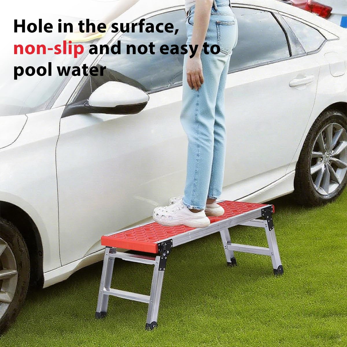 LEADALLWAY Folding Work Platform with Anti-Slip Feet Cover, Practical Step Ladder for Home Garage, Maximum Load 330lbs, Red