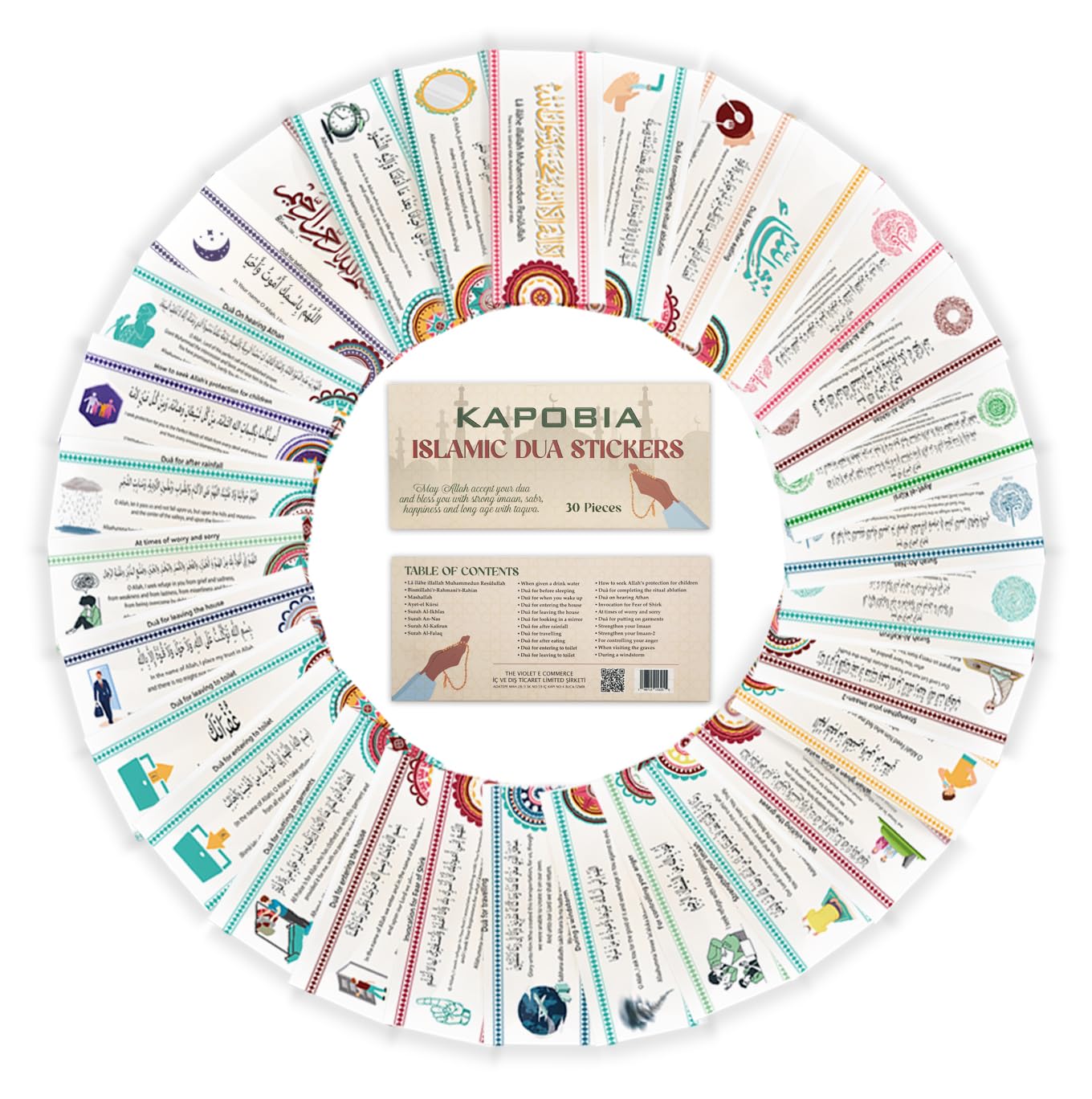 Set of 30 Islamic Quran Quotes with Arabic Letters Wall Decor Stickers - 7.8x3.5 in - Ramadan Eid Gifts for Muslim Men and Women - Duas for Kids Education