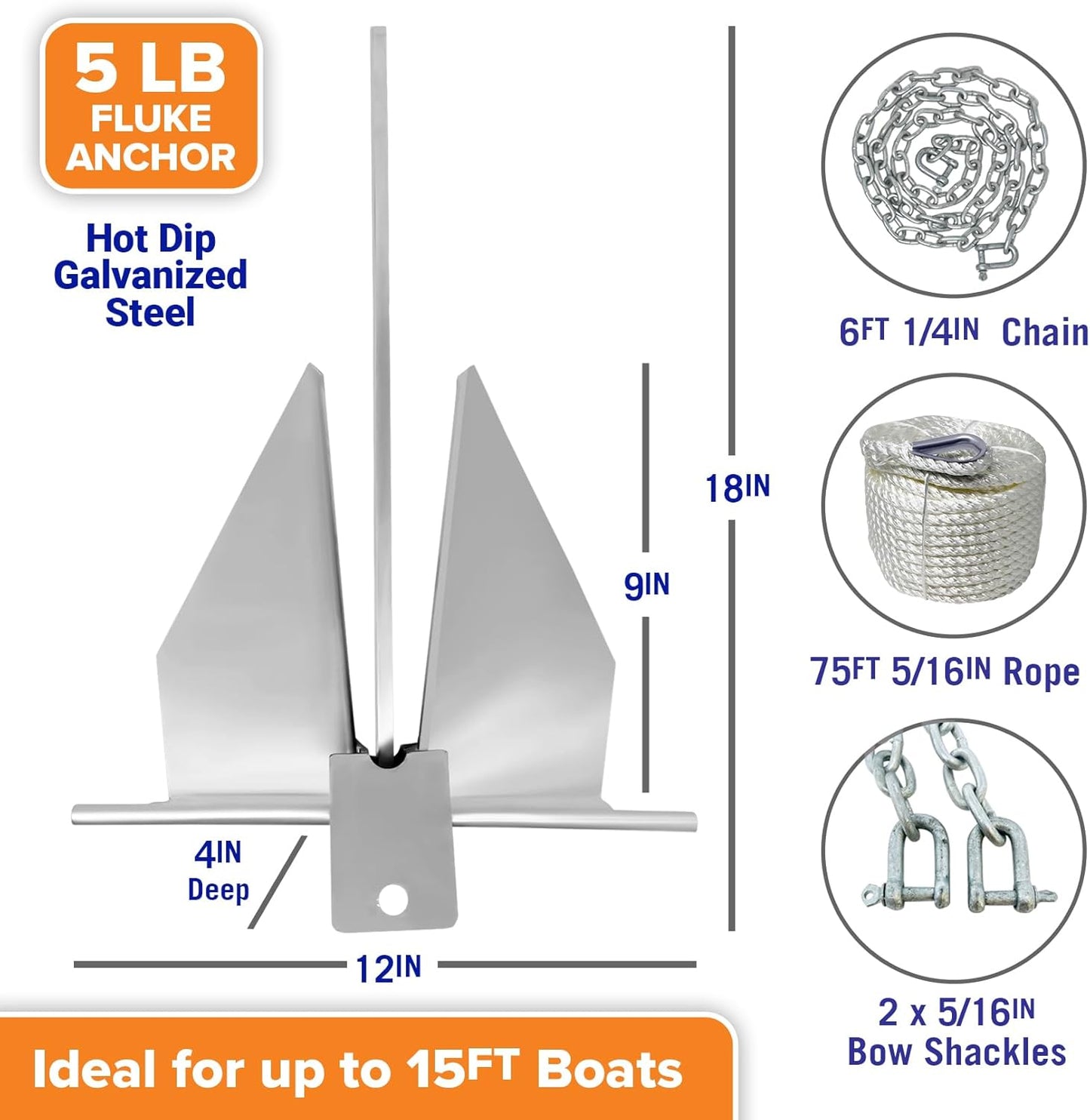 Better Boat Heavy Duty Fluke Boat Anchor Kit - Hot Dip Galvanized Steel with Rope & Chain | Multiple Sizes Available