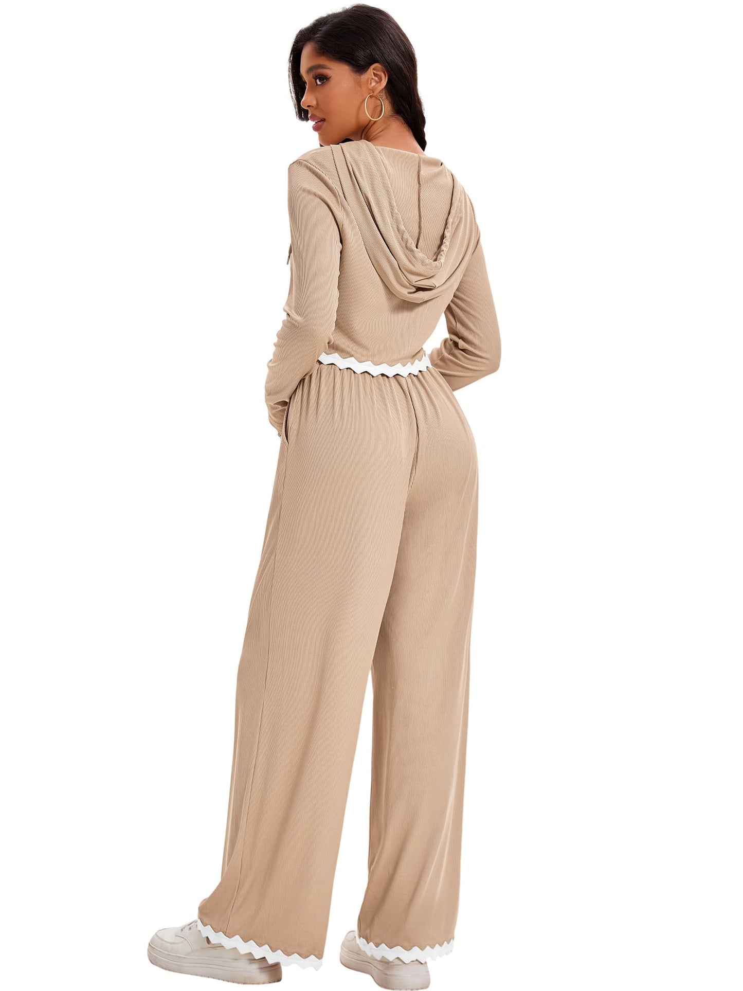 ONFERS Womens 2 Piece Outfits Knit Lounge Sets Long Sleeve Crop Sweatshirt Loose Fit Pants Set Tracksuit Travel Outfits Medium Khaki