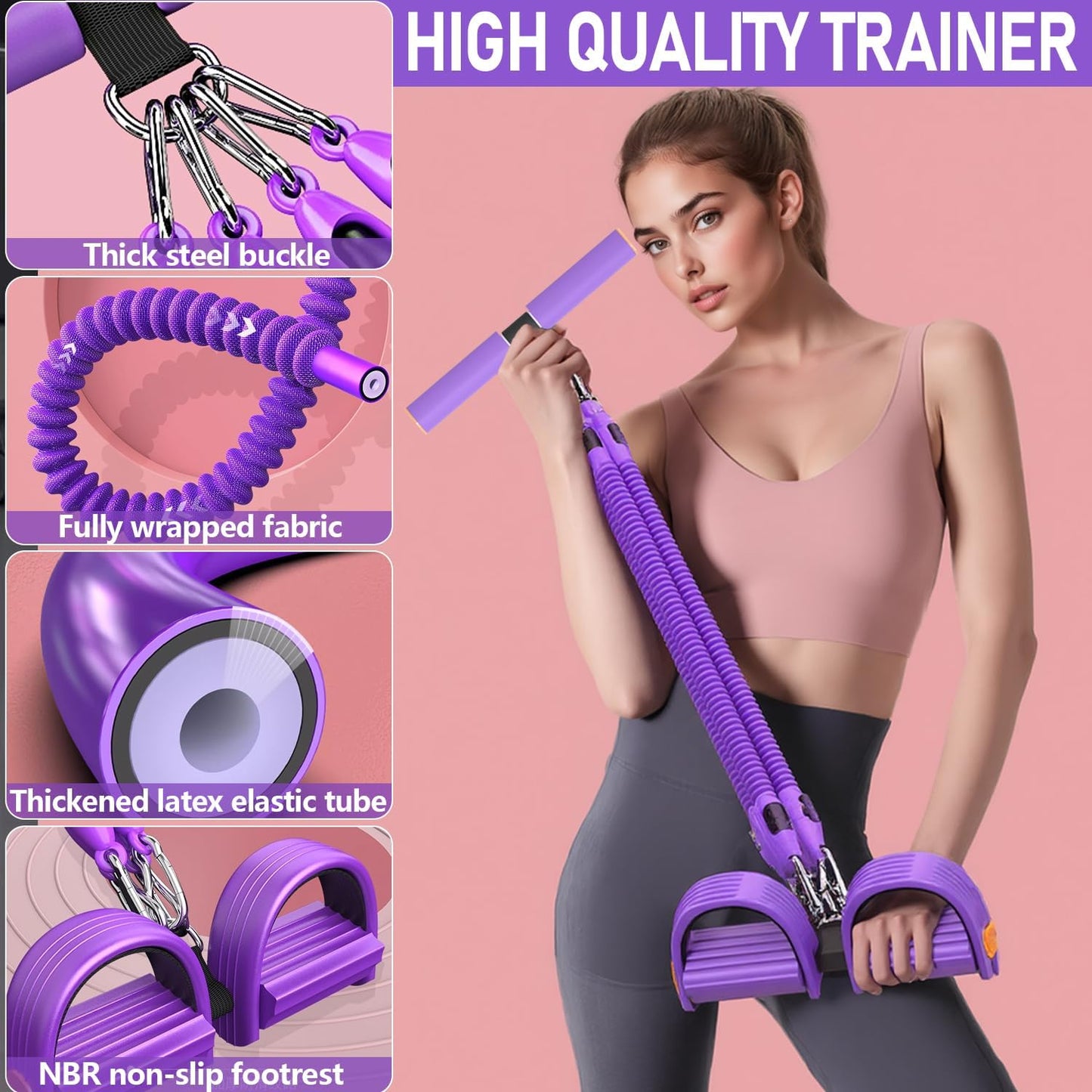 Skiennix Adjustable Foot Pedal Resistance Band - 4-Tube Ankle Puller for Full Body Workouts | Purple