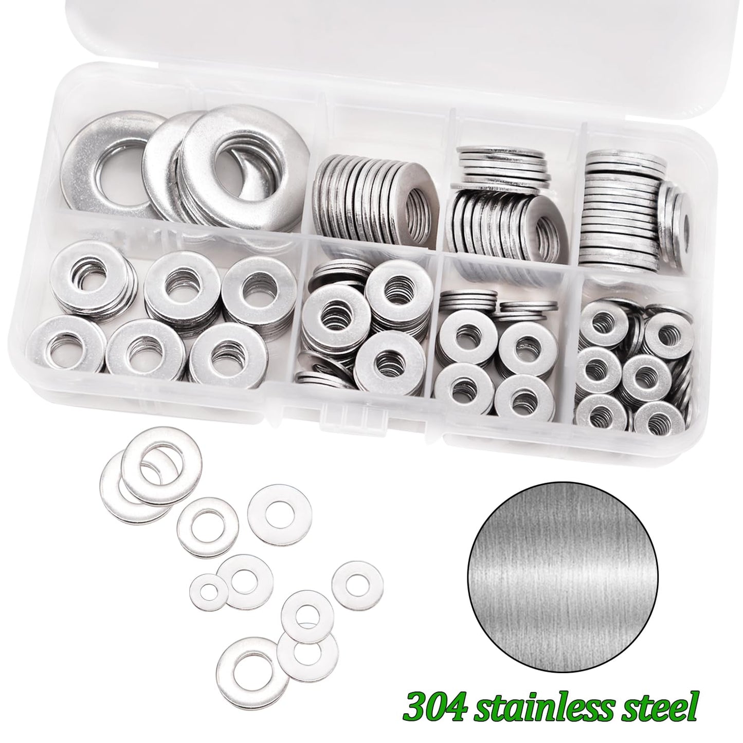 270 PCS 304 Stainless Steel Flat Washers Assortment Kit 8 Size-1/2 3/8 5/16 1/4 12# 10# 8# 6# 304 Stainless Steel Flat Washers for Screws Bolts