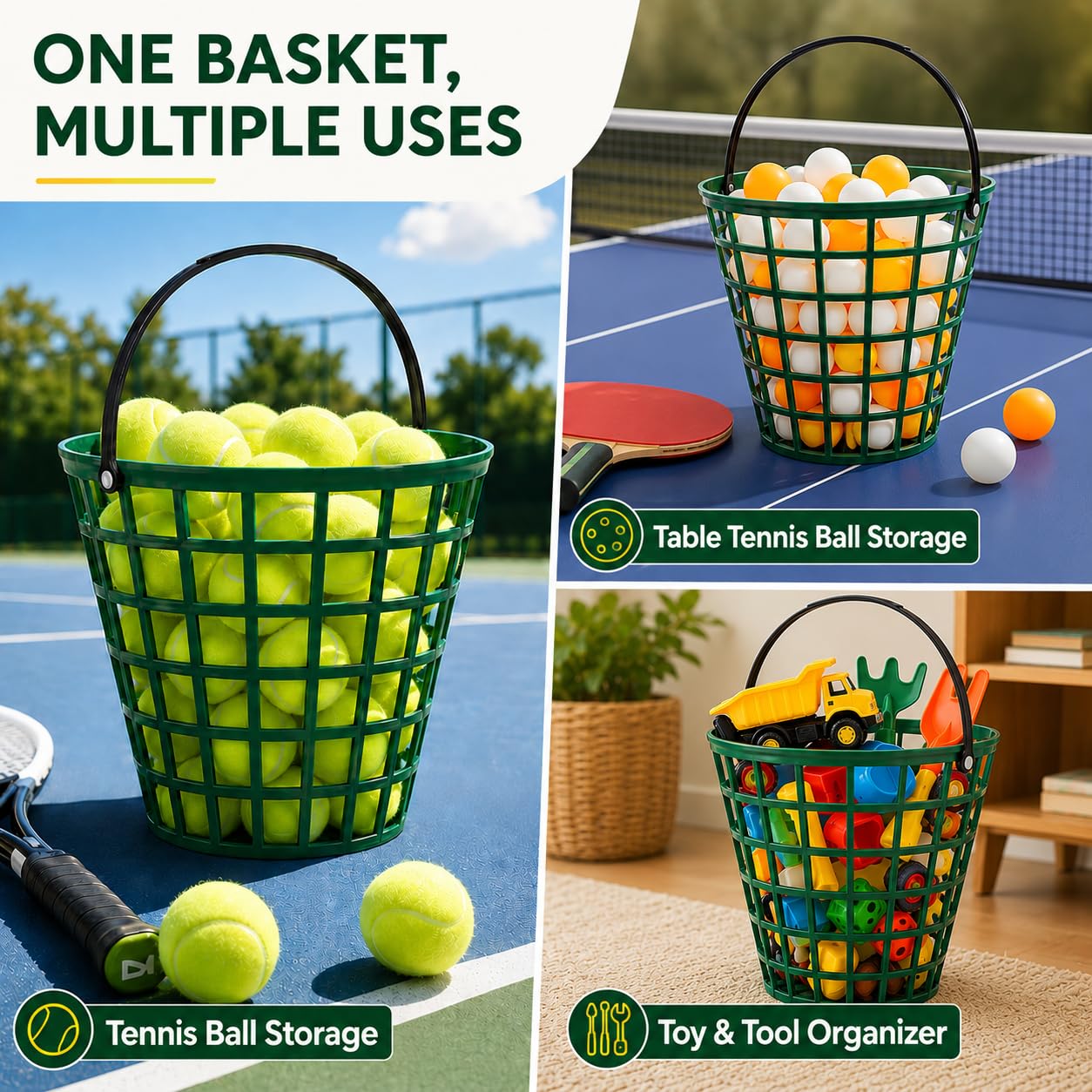 VANZACK Plastic Golf Ball Basket 100 Balls, Golfball Container Golf Ball Bucket with Handle, Holds 100 Balls, for Summer Golf Ball Storage Practice Accessories, Green