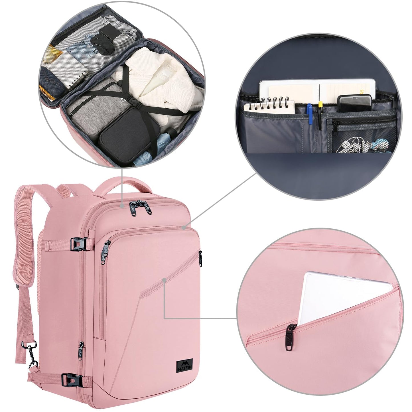 MATEIN 45L Womens Travel Backpack, Extra Large Carryon Backpack Fits Overhead Bin, Cute Weekender Daypack for Travel on Airplane, Traveling Accessories for Women, Pink