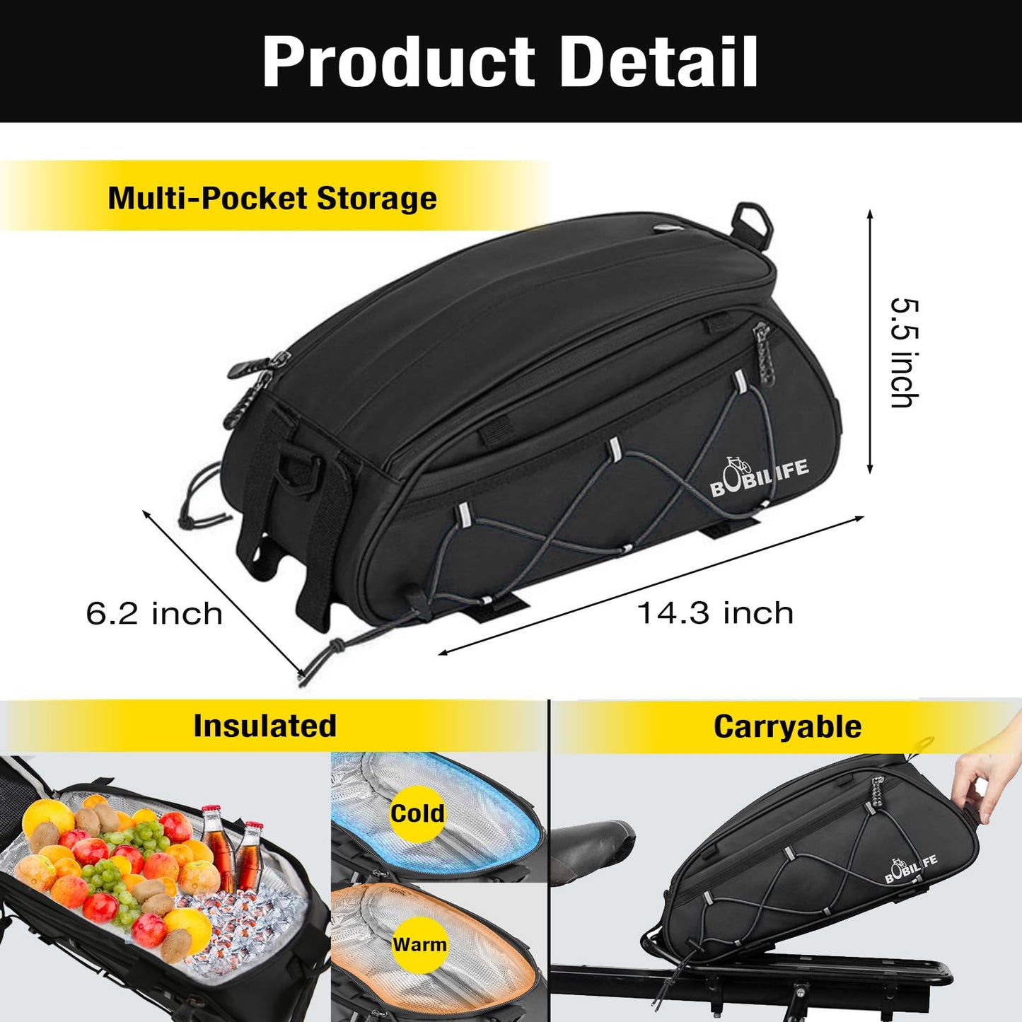 BOBILIFE Bike Rear Rack Insulated Trunk Bag - 10L Large Capacity Waterproof Bicycle Travel Expedition Back Rack Seat Cargo Carrier Bag for Bicycle, E-Bike and Motorcycle