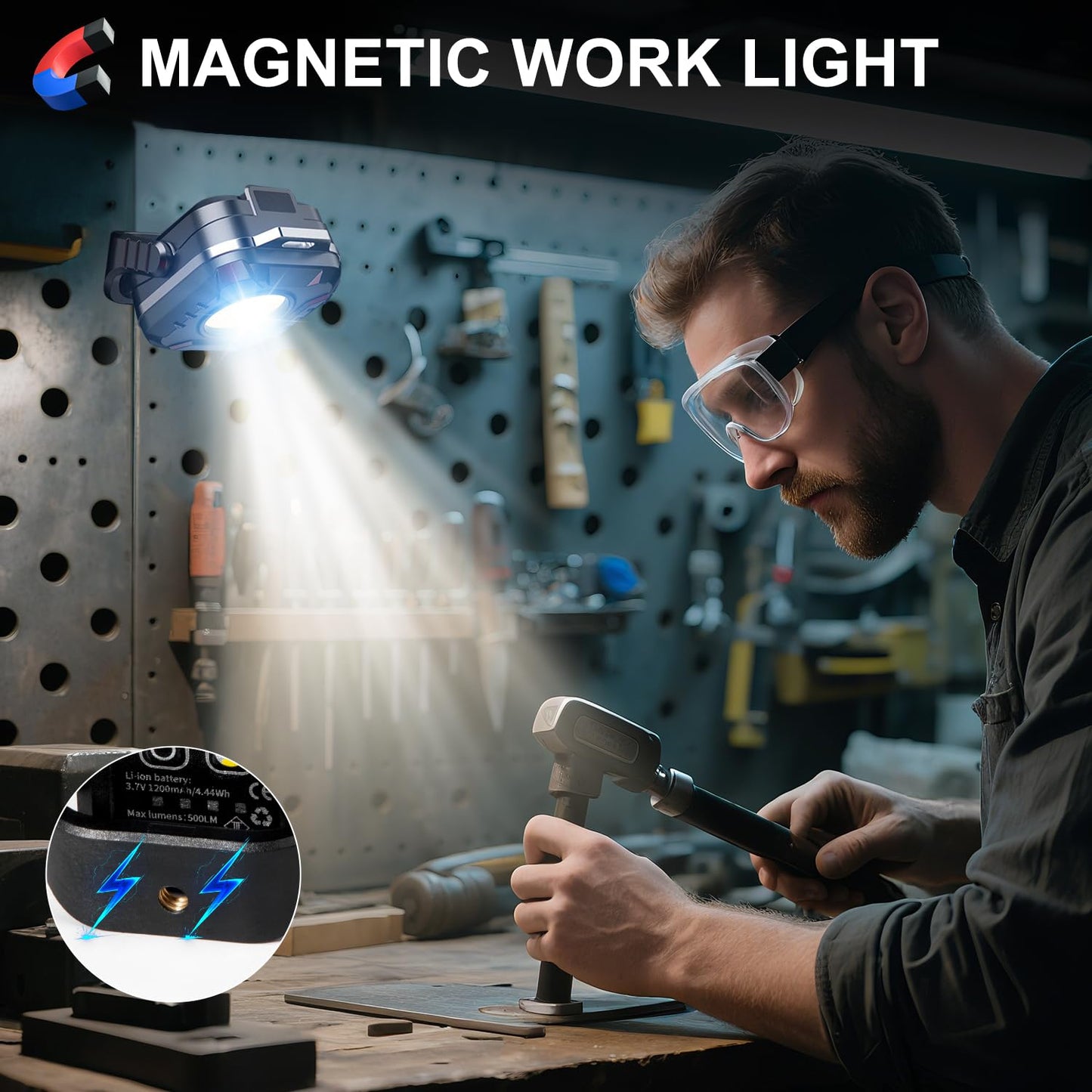 Gabujau Rechargeable Work Light Mini, 500 Lumens 1200 mAh Magnetic Led Portable Lamp, 2.9 Oz Supersmall for Emergency Nighttime Auto Repair, Birthday Gifts for Husband and Father, Grey