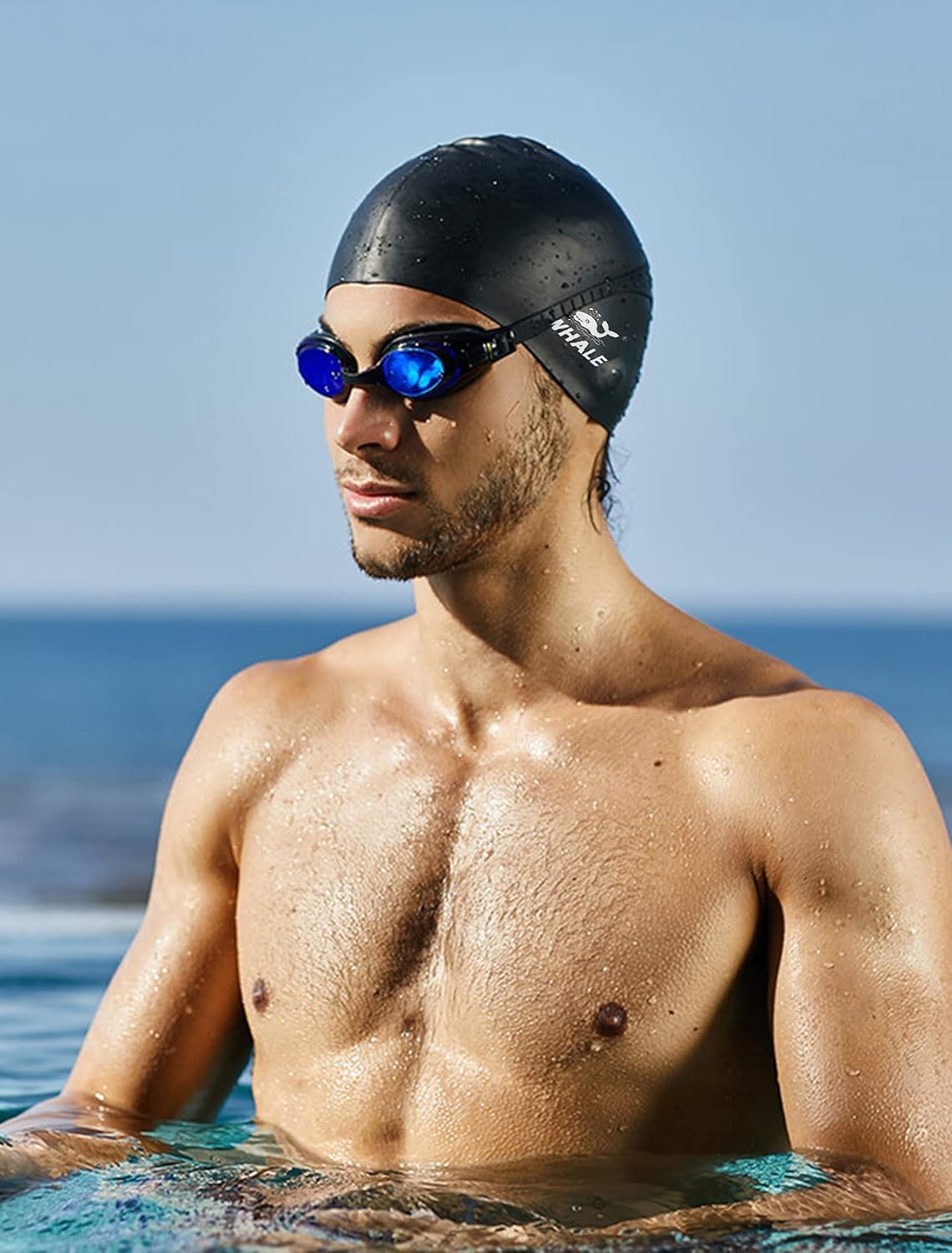 WHALE Extra Large Swim Cap for Women Men, Durable Silicone Swimming Hat with Ear Protection, Unisex Adults Bath Swimming Caps for Long Thick Curly Hair & Dreadlocks Braids Weaves Afro Hair (Black)