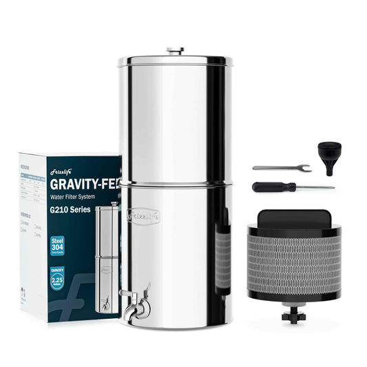 Frizzlife 2.25G Gravity-fed Water Filter System, NSF/ANSI 42&372 Standards, Countertop Water Filter Reduces Chlorine, Bad Taste & Odor, 304 Stainless Steel Countertop System for Home, Emergency, G210