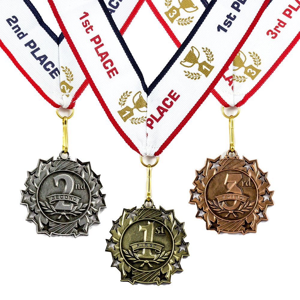 All Quality 1st 2nd 3rd Place Ten Star Award Medals - 3 Piece Set (Gold, Silver, Bronze) Includes Neck Ribbon (1 Pack)