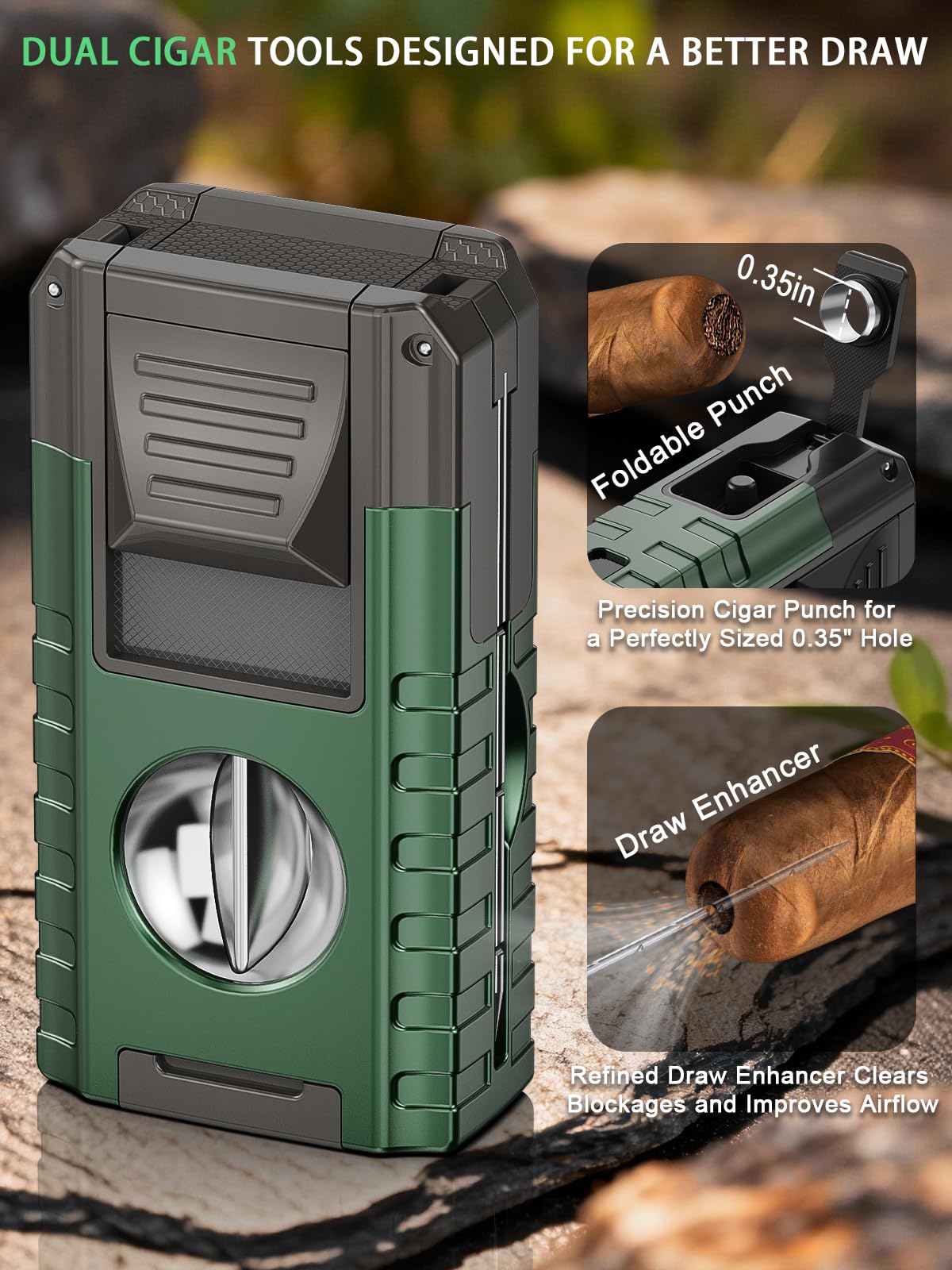 6-in-1 Torch Cigar Lighter with Triple Jet Flame, Dual Cigar Cutter, Punch, Draw Enhancer, Holder, Refillable Butane Lighter with Gift Box, Cool Lighters Cigar Accessories for Smoking, Travel, Candles