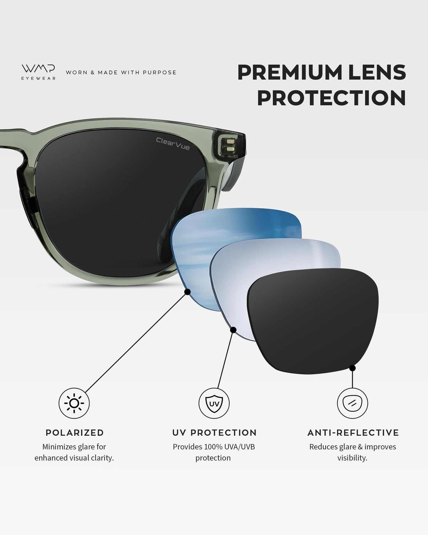 WearMe Pro WMP Eyewear – Men’s Polarized Sport & Golf Sunglasses: Round Frame, Anti-Reflective Lenses, Non-Slip Nose Pads, Lightweight (Crystal Agave Frame/Black Lens)