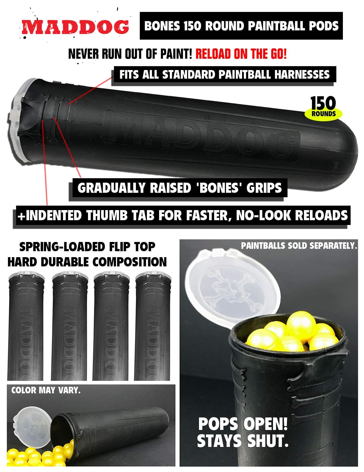 Maddog Pro 3+2 Paintball Harness Pod Pack with (3) 150 Round Bones Paintball Pods | Pod Ejection | Adjustable Pod Holder Belt for Tournament, Woodsball & Speedball