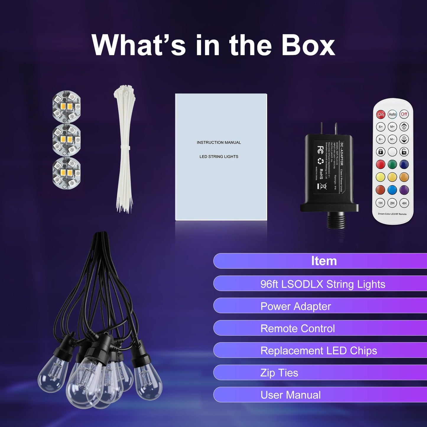 LSODLX Outdoor String Lights 96ft(2×48ft), Patio Lights with 30 Dimmable LED Bulbs, RGBW & Warm White, IP66 Waterproof, Shatterproof, APP & Remote Control, Color Change, Customizable for Backyard