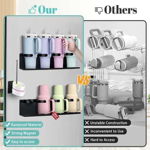 Magnetic Cup Holder for Fridge,8 Cups Water Bottle Organizer for Stanley 30 40 oz with Tumbler Lid Organizer,High Capacity Heavy Duty Kitchen Storage Rack Accessories