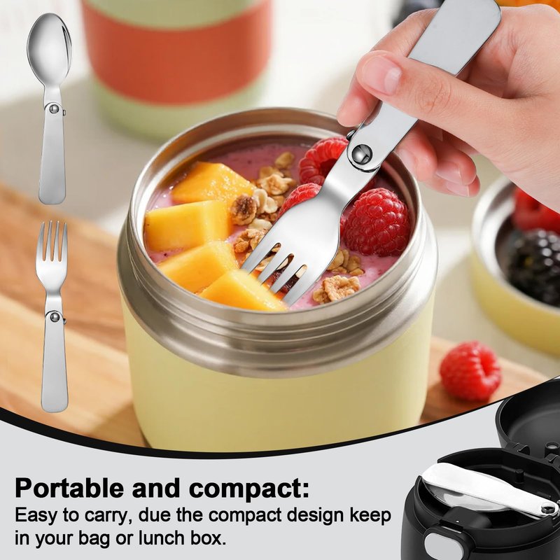 4pcs Metal Folding Spoons & 4pcs Foldable Forks for Thermos Funtainer 10oz Food Jar, Portable Stainless Steel Spoon Fork Set Replacements for Travel Camping Dinner Picnic & Outdoor Activities
