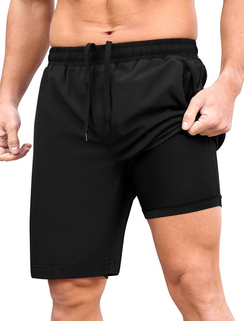 SILKWORLD Mens Athletic Shorts 2 in 1 Quick Dry 9 Inch Running Basketball Shorts Workout Gym Shorts, Black, X-Large