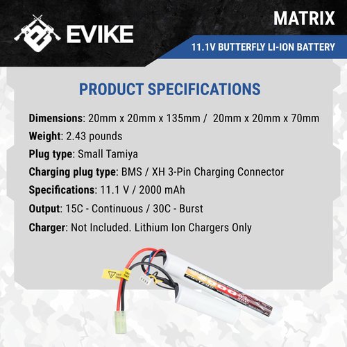 Evike Airsoft - Matrix High Performance 11.1V Butterfly Type Airsoft Li-Ion Battery (Model: 2000mAh - 15C / Small Tam)