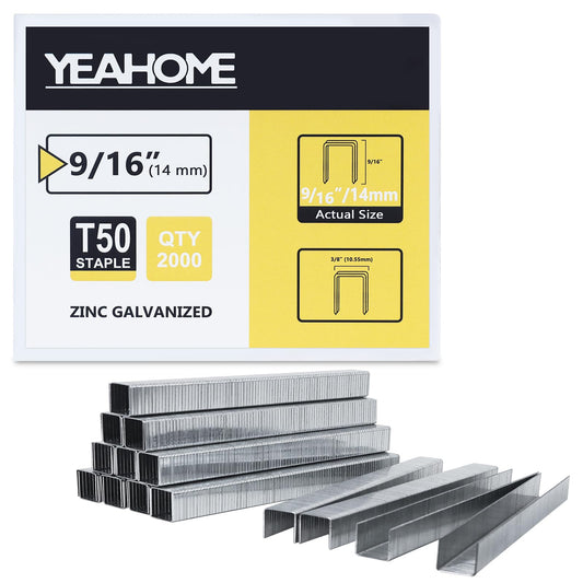 YEAHOME Heavy Duty Staples, 2000 Counts 9/16 inch T50 Staples, 20 Gauge Galvanized 3/8 Inch Crown Upholstery Staple for Pneumatic, Electric T50 Staple Gun