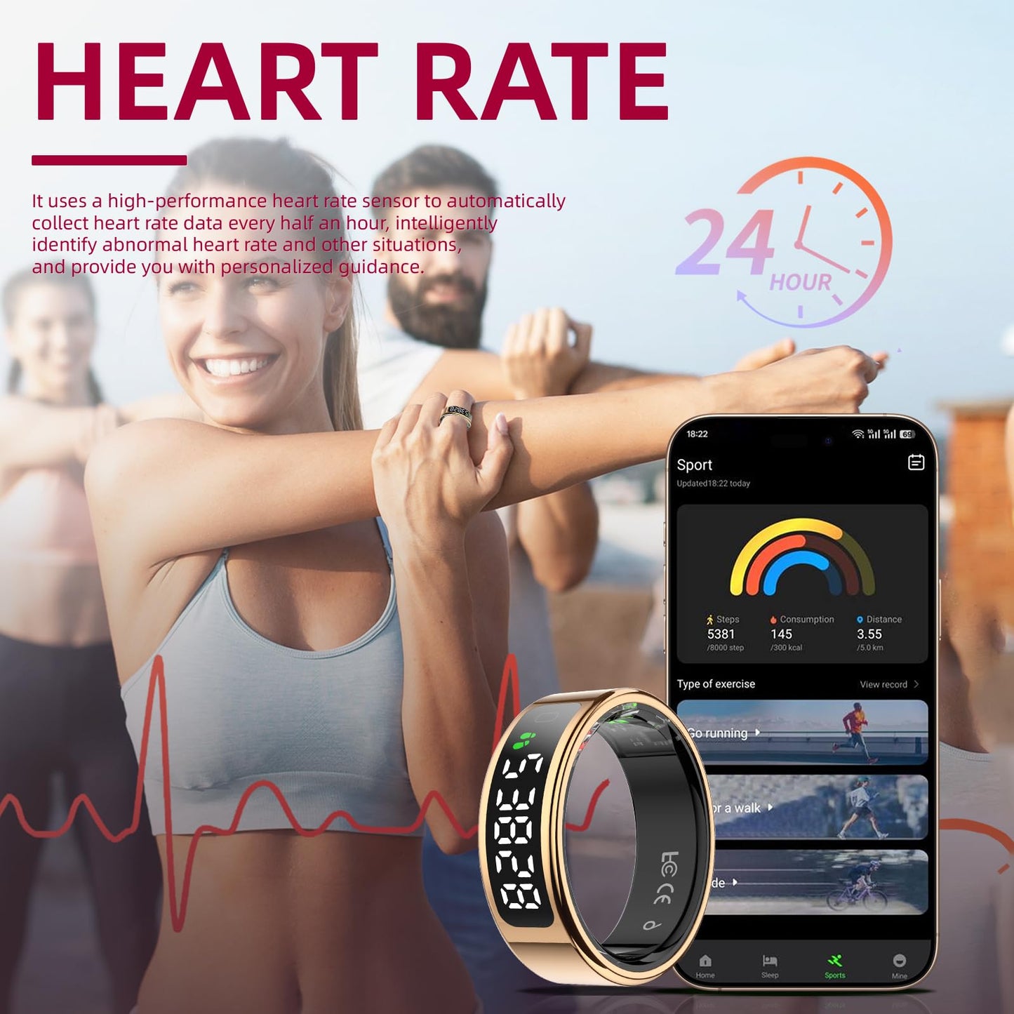 LCD Display Smart Ring - Sleep Tracker Touch Control Ring with Heart Rate/Blood Oxygen/Step Counter, Wireless Charging Dock, 5ATM Waterproof Fitness Tracker, No Subscription Fee for iOS/Android