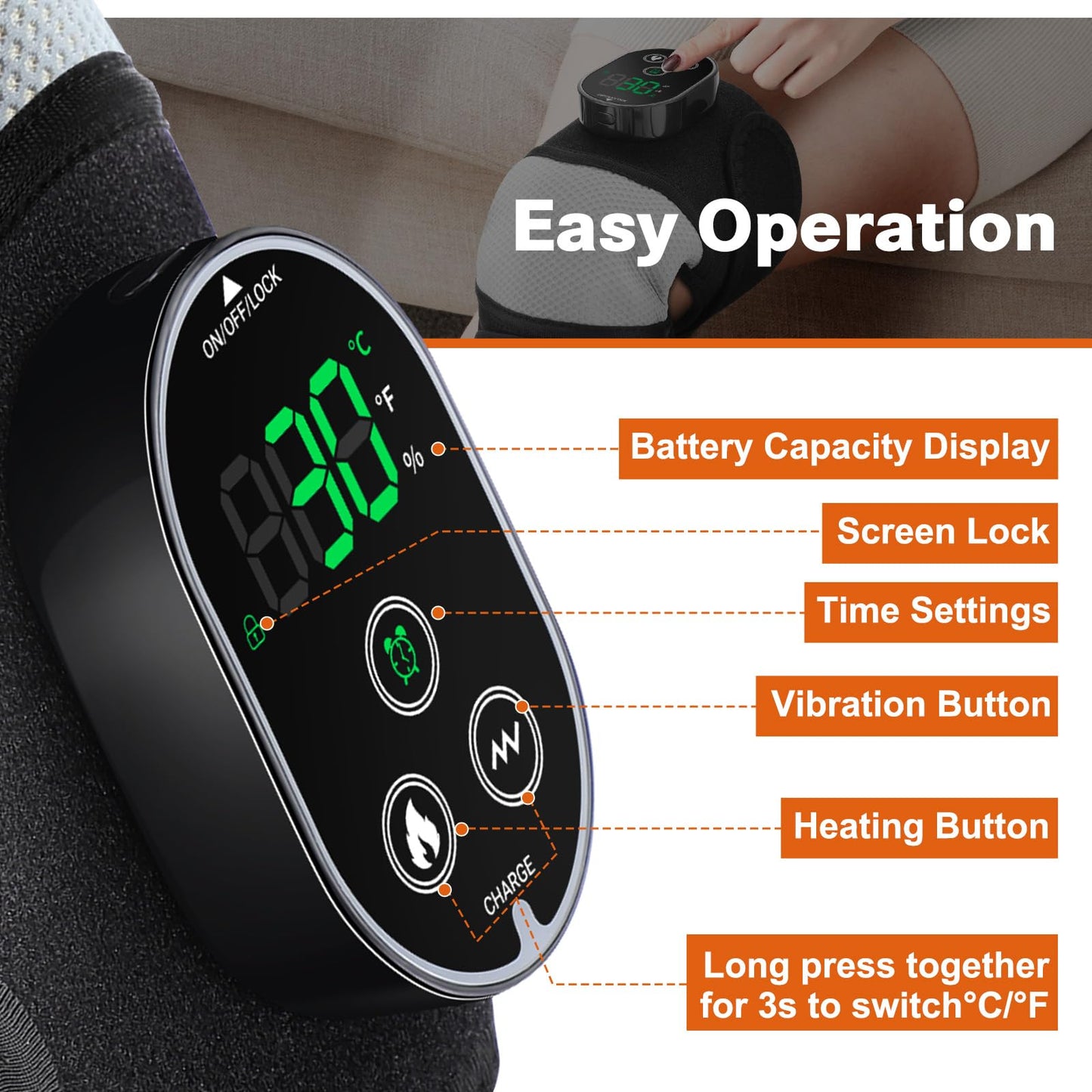 Cordless Heated Knee Massager with Vibration, Heated Knee Brace Wrap, Heating Knee Pad for Knee Elbow, Knee Heating Pad for Arthritis with 6 Heating Levels, 3 Massage Modes&Timer (Black+White)