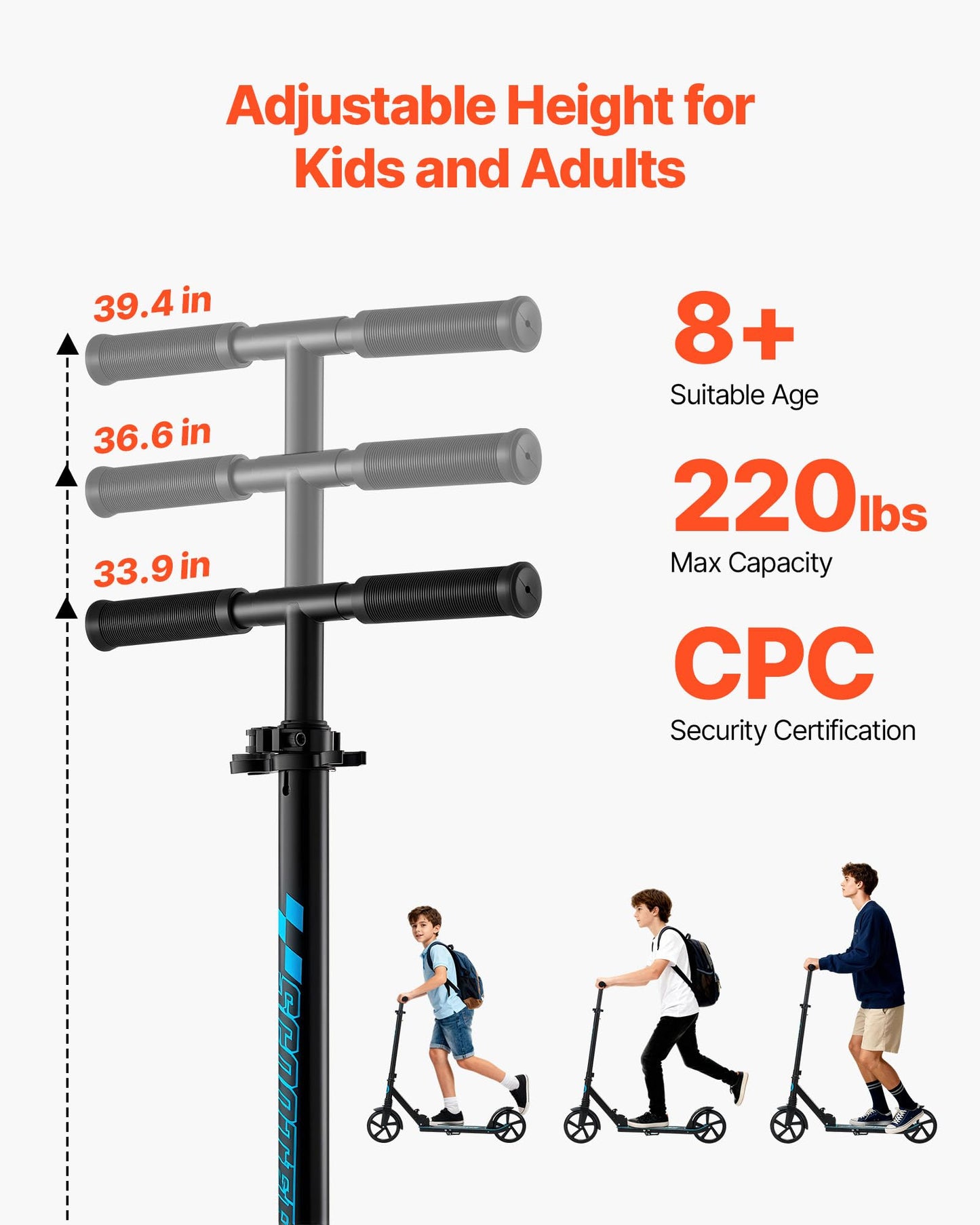 VEVOR Kick Scooter for Kids Ages 8+, Teens & Adults, 2-Wheel Toddler Scooter with Adjustable Height Handlebar, Wide Anti-Slip Deck, Foldable Lightweight for Boys & Girls up to 220 lbs, Black + Blue