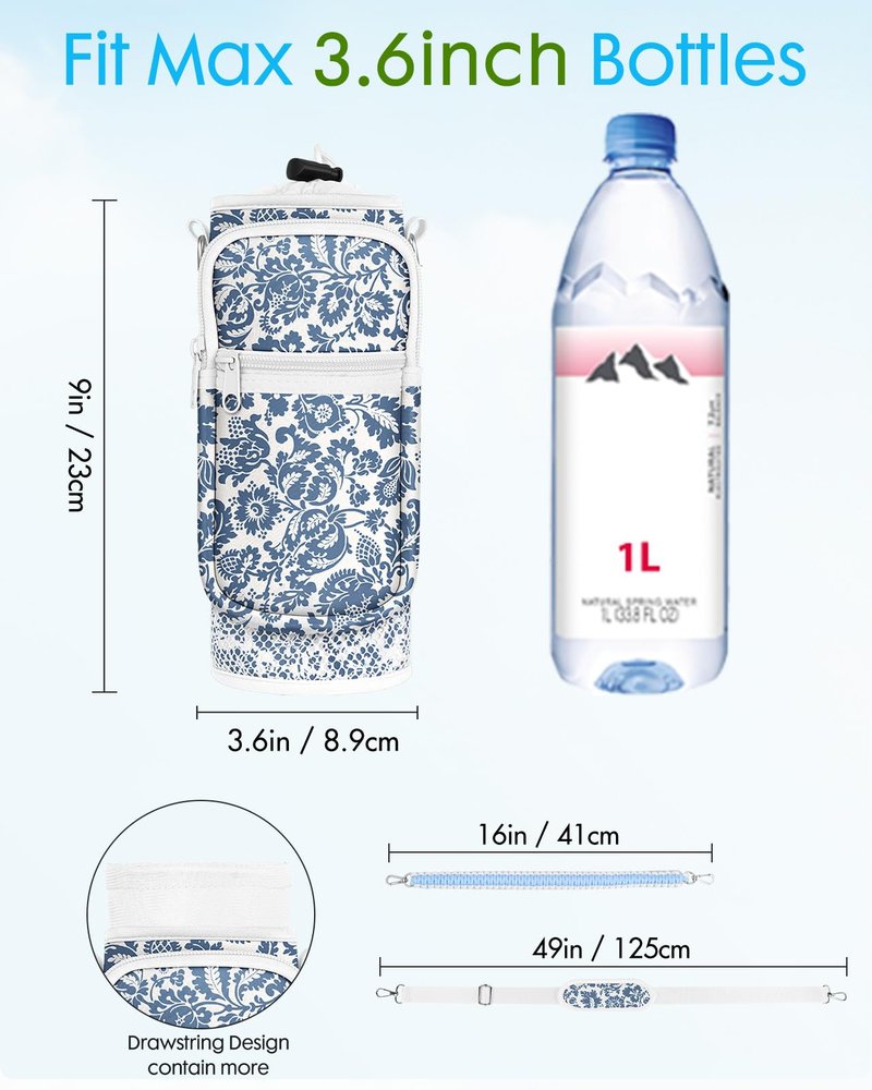 Toykee Under 32 oz Water Bottle Holder Bag with Strap - Crossbody & Woven Handle Sling for Carrier Walking with Phone Pocket Blue Flower