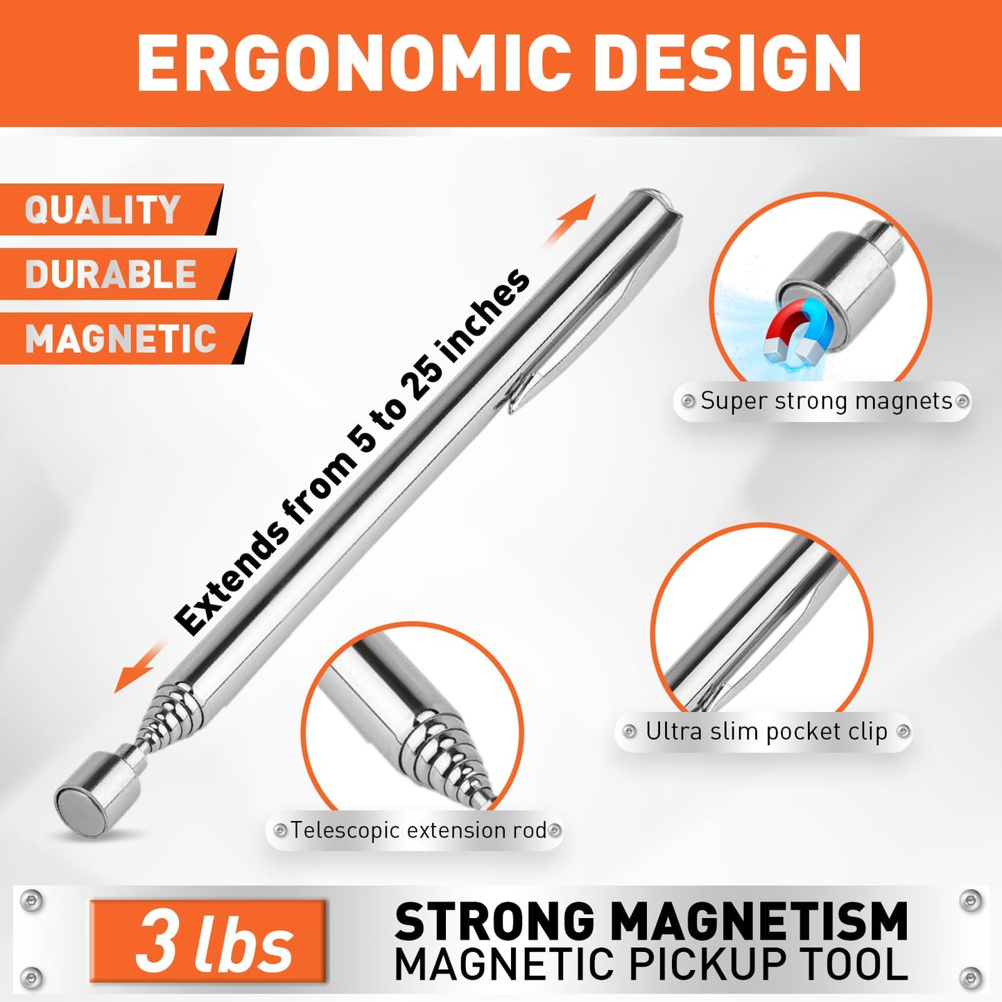 HORUSDY 4 - PIECE Magnetic Pickup Tools Kit | Extendable Telescoping Magnet Pick Up Tool Set 7-30.5” & 5-25” | Bend-It Flexible Magnetic Sweeper | Collapsible Parts Tray for Garage Workshop Yard