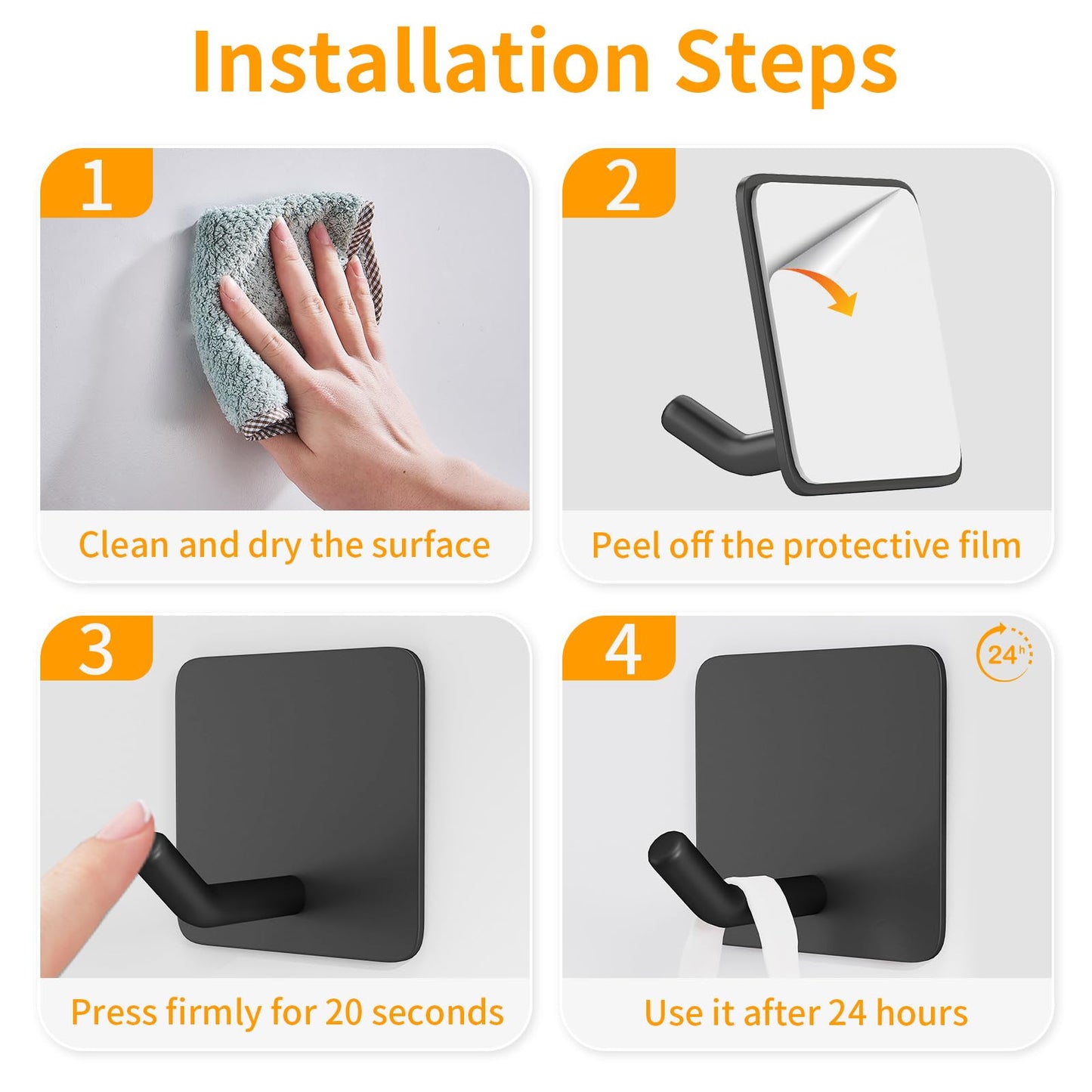 MKO 12 Pack Adhesive Wall Towel Hooks for Bathrooms Small No Damage Stick Hook Stainless Steel Black