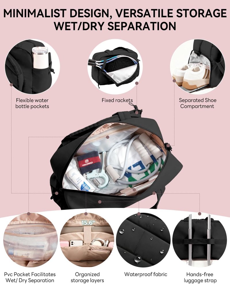Tennis Tote Bag for Women – Waterproof Lightweight Travel Gym Bag with Shoulder Strap, Holds 2 Rackets, Pickleball & Badminton Bag with Shoe Compartment, Wet/Dry Separation, Fits 15.6" Laptop, Black