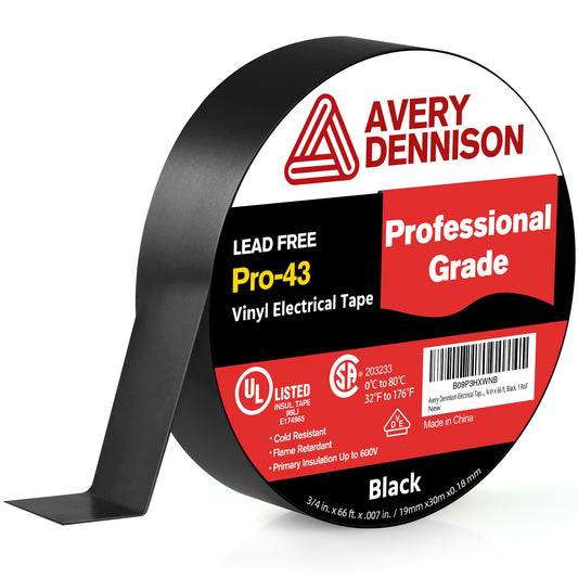 Avery Dennison Electrical Tape ¾ in x 99 ft, Professional Grade PVC Electric Tape, UL/CSA Listed Insulating Vinyl Tape for Electrical, Repairs, Automotive and Equipment, Pro-43, Black, 1 Roll
