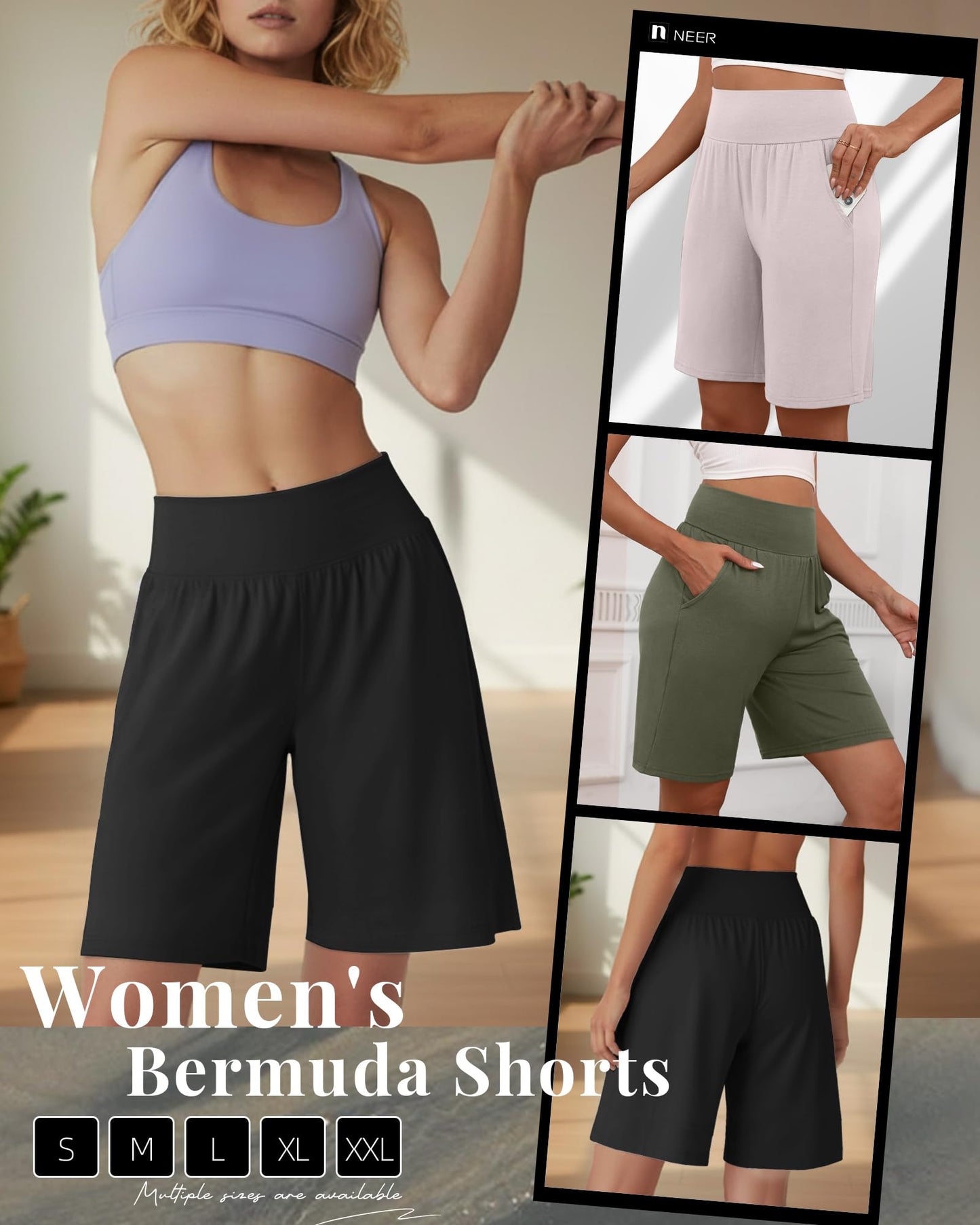 Neer 3 Pack Women's Bermuda Shorts, High Waist Basic Stretch Casual Bottoms Knee Length Summer Athletic Short with Pockets(Black, Army Green, Light Khaki,Medium)