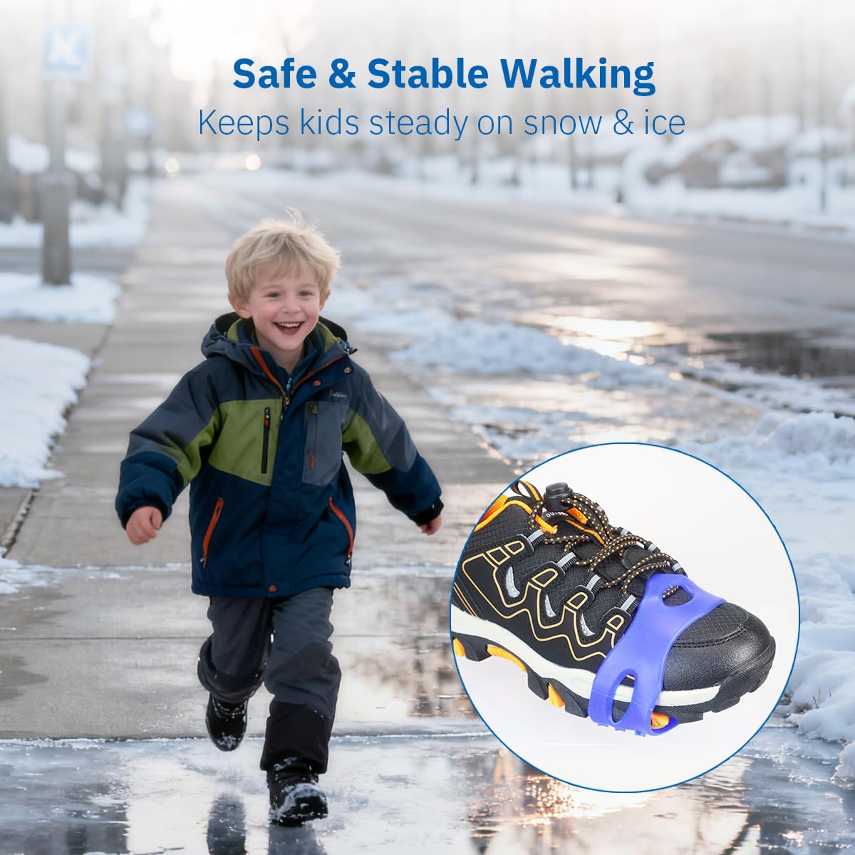 Kids Ice Cleats for Shoes & Boots, Anti-Slip Snow Cleats with Extra 10 Stainless Steel Ice Spikes, Silicone Snow Grips for Kids, Youth & Toddlers Walking, Running & Outdoor Play