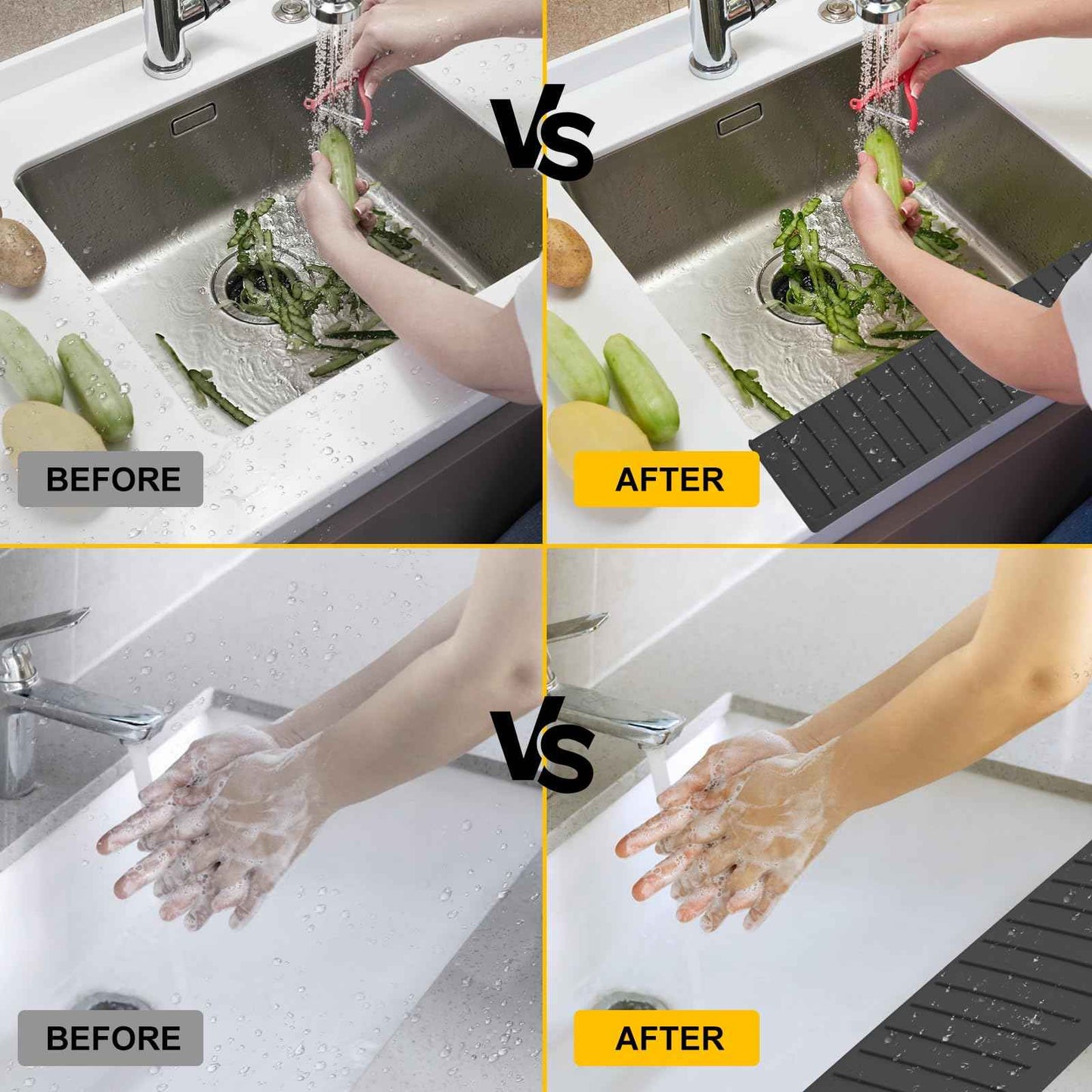 Kitchen Sink Splash Guard, 4 * 24‘’ Sink Edge Protector with Suction Cups, Silicone Faucet Splash Guard & Draining Mat for Kitchen, Bathroom Sink, Steel, Granite, Quartz Countertops (Black)