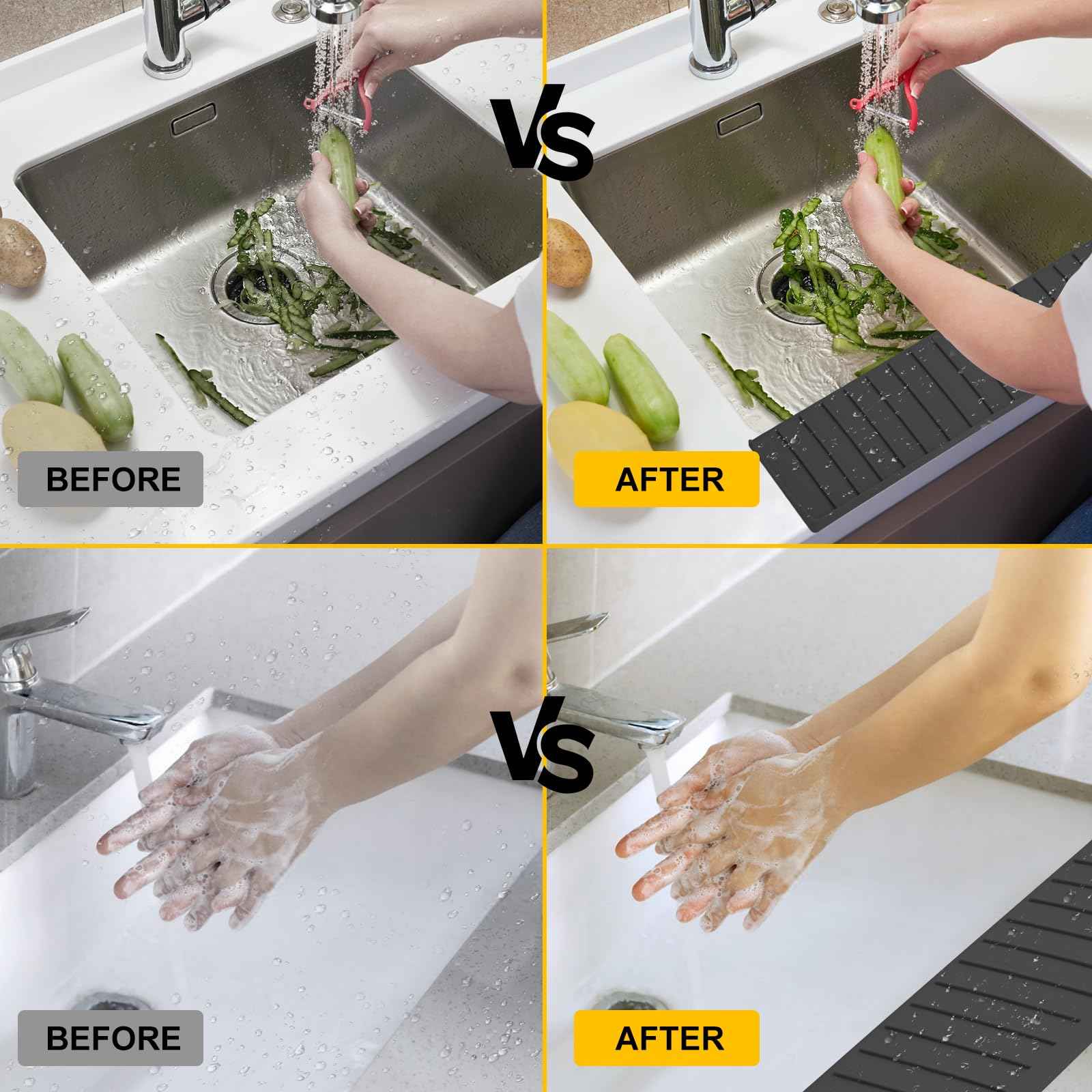 Kitchen Sink Splash Guard, 4 * 24‘’ Sink Edge Protector with Suction Cups, Silicone Faucet Splash Guard & Draining Mat for Kitchen, Bathroom Sink, Steel, Granite, Quartz Countertops (Black)