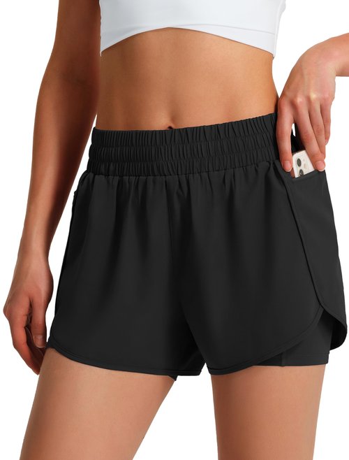 Ksmien Women's Running Shorts Quick Dry Lightweight Athletic Workout Shorts with Liner Phone Pockets Black