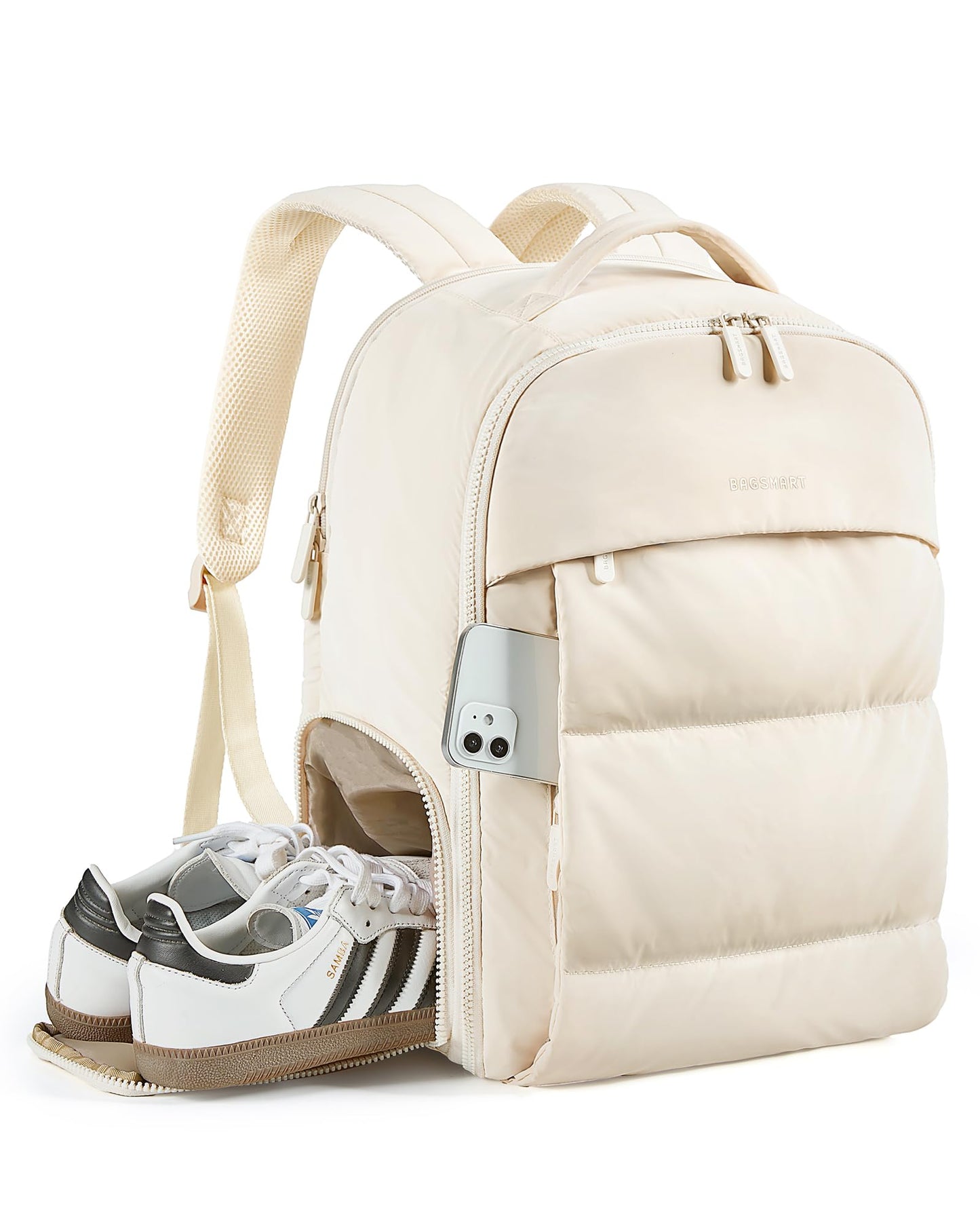BAGSMART 30L Travel Backpack for Women, Carry on Backpack for Airplanes, Gym Backpack with Shoe Compartment, Lightweight Travel Bag Fits 15.6 Inch, Water-Resistant, Beige