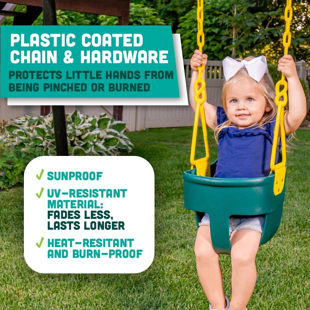 Squirrel Products Premium High Back Toddler Swing Seat - Easy Install with Plastic Coated Chains - Green