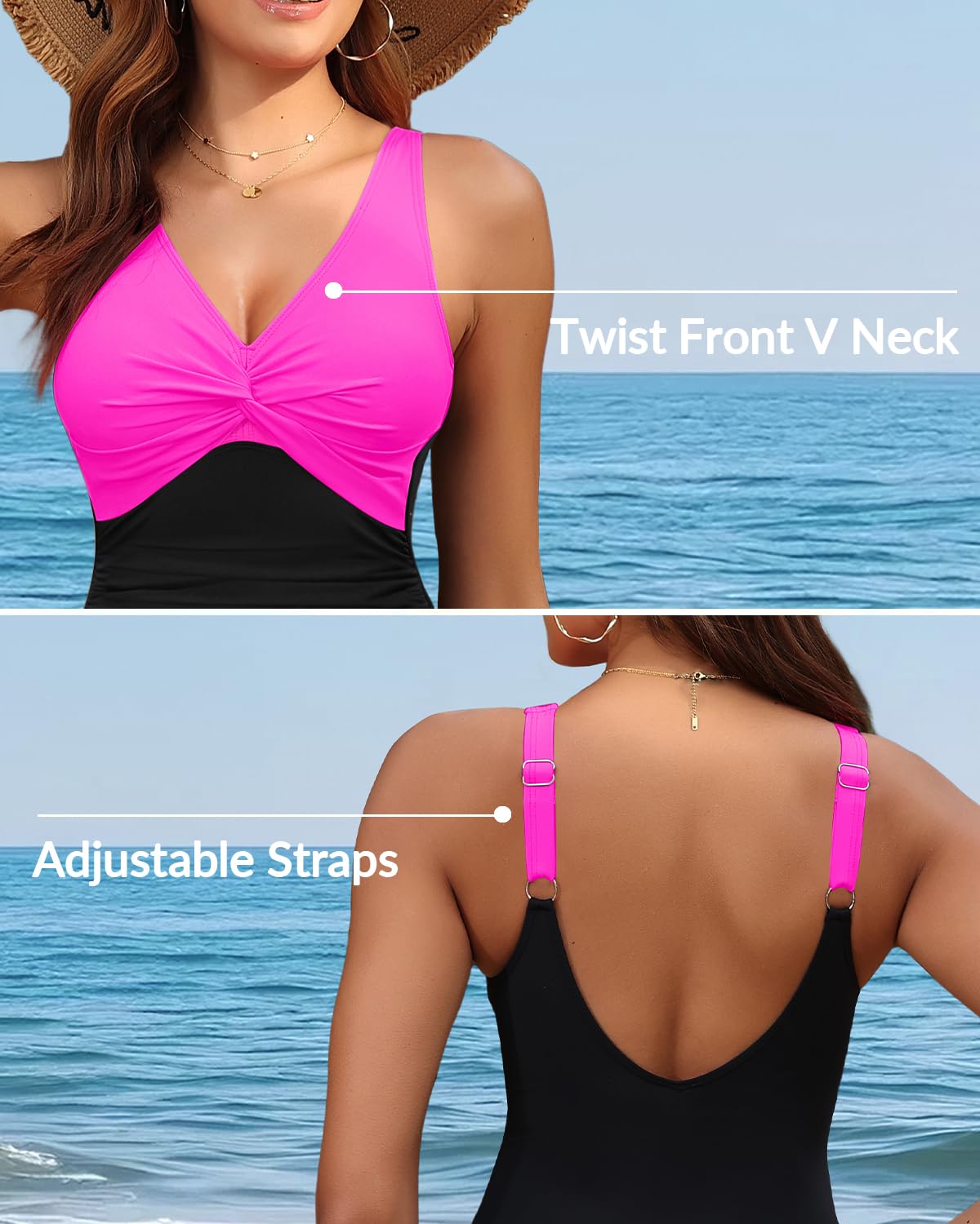 Holipick Hot Pink Black Women Tummy Control One Piece Swimsuit - Push Up Bathing Suit Full Coverage Slimming Swimwear L