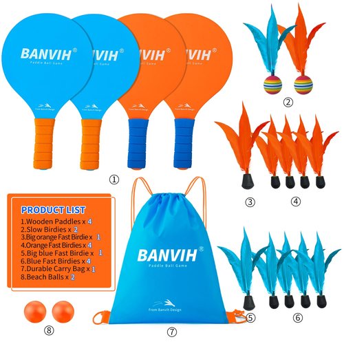 Banvih Badminton Set 4 Rackets - Beach Games & Yard Games for Adults and Family, Outdoor Games for Kids 8-12, Paddle Ball Set with Birdies, Lawn & Camping Games, Beach Toys for Summer Fun
