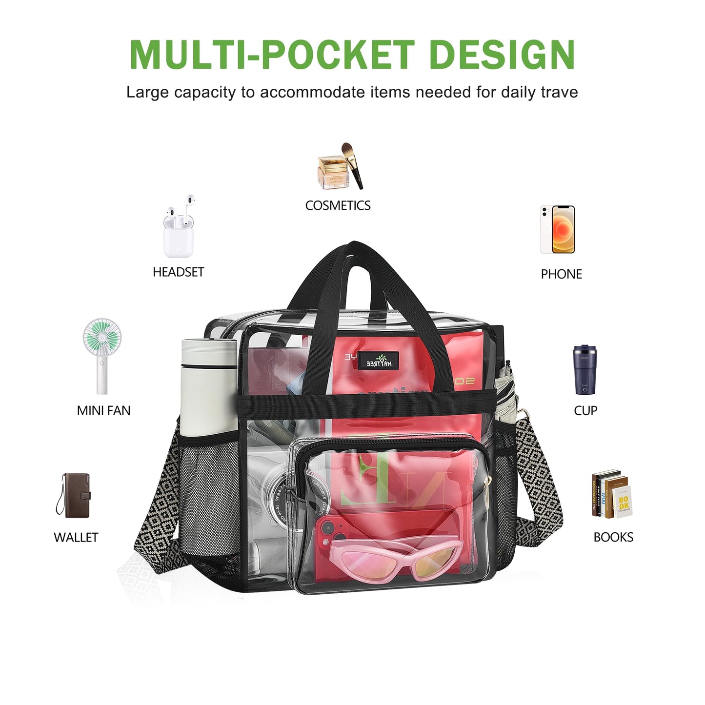 MAY TREE Clear Bag for Stadium Events, 12×6×12 Clear Tote Bag with Removable Strap, Transparent Bag for Concert Sports Gym, Wave-Strap