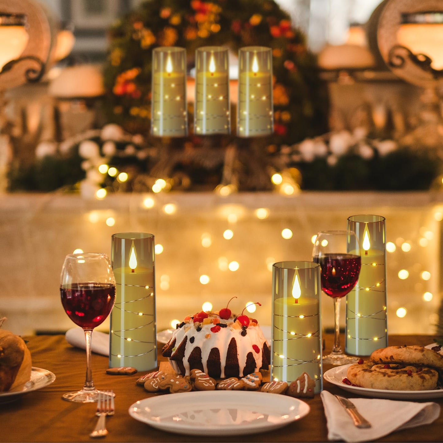 DRomance Flickering Flameless Candles String Lights with 11-Key Remote and Timer Battery Operated LED Pillar Candles Unbreakable Plastic Glass 3D Wick Mood Light Christmas Holiday Decor-5 Pack Black