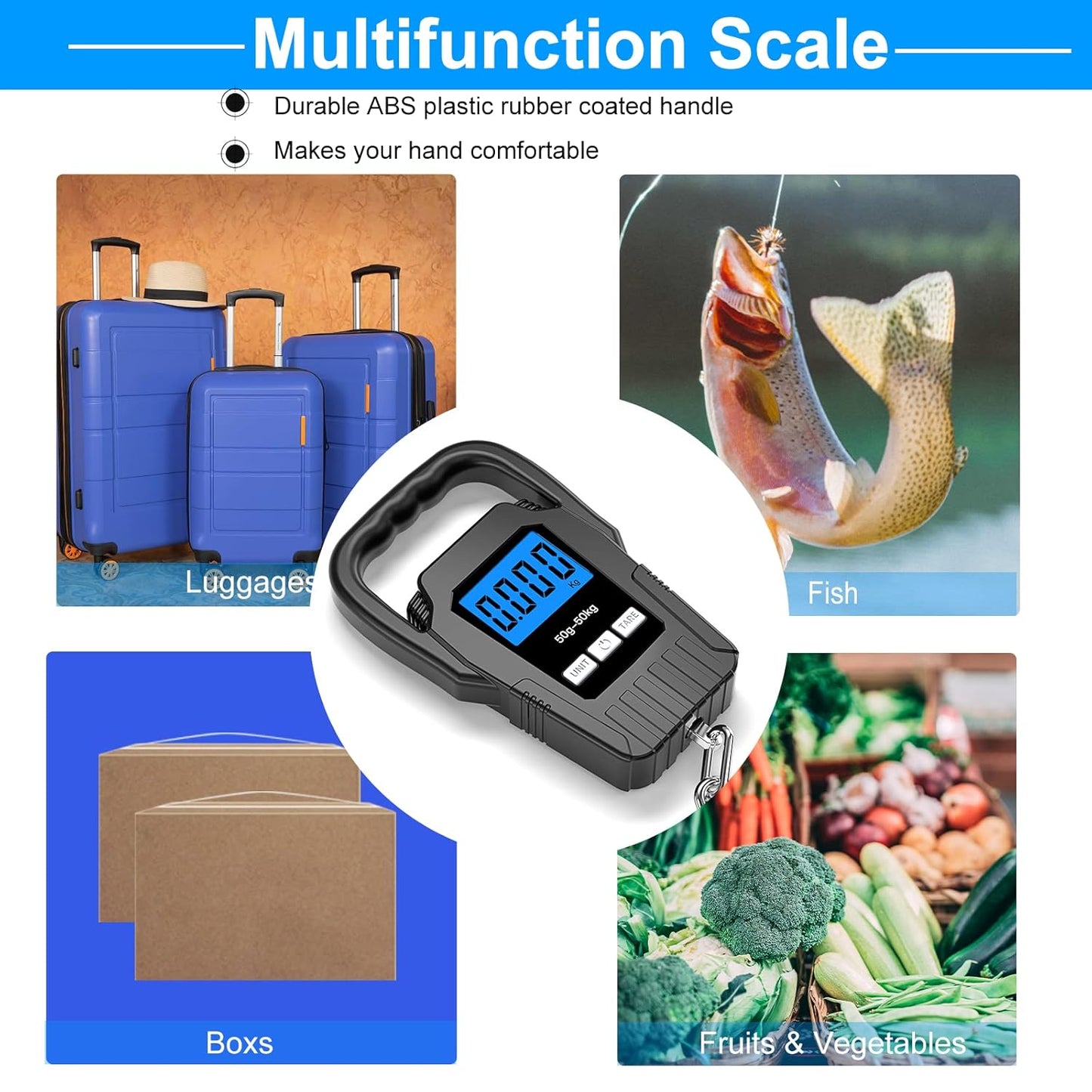 SKEAP Digital Fish Scale - 110lb/50kg Capacity with Backlit LCD Display & Large Handle | Black