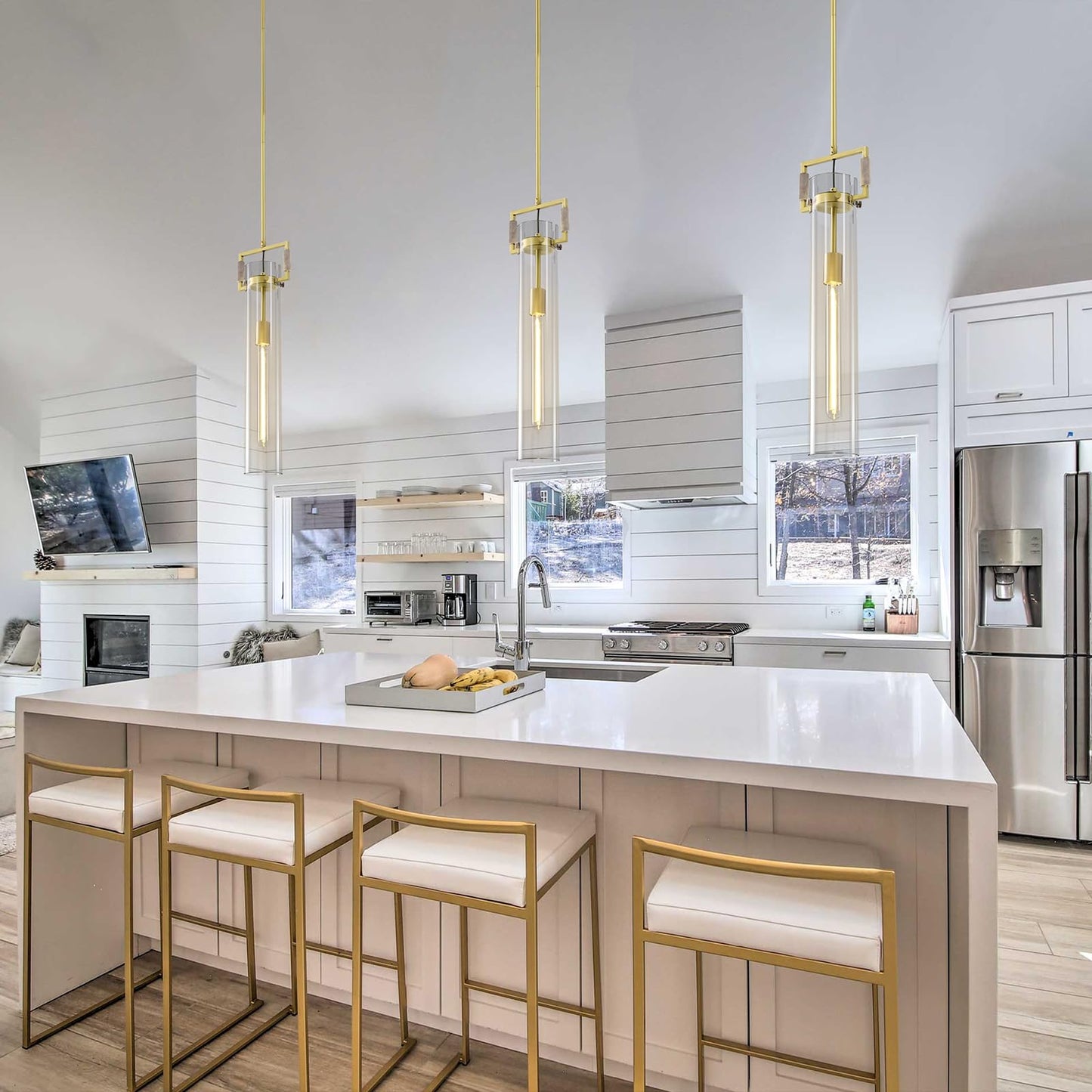 PIOUTNF Brass Pendant Lights,Modern Glass Pendant Lights Kitchen Island,21.6'' Farmhouse Gold Kitchen Pendant Lighting Over Island for Dining Table,Bathroom,Bedroom,Included E26 Bulb