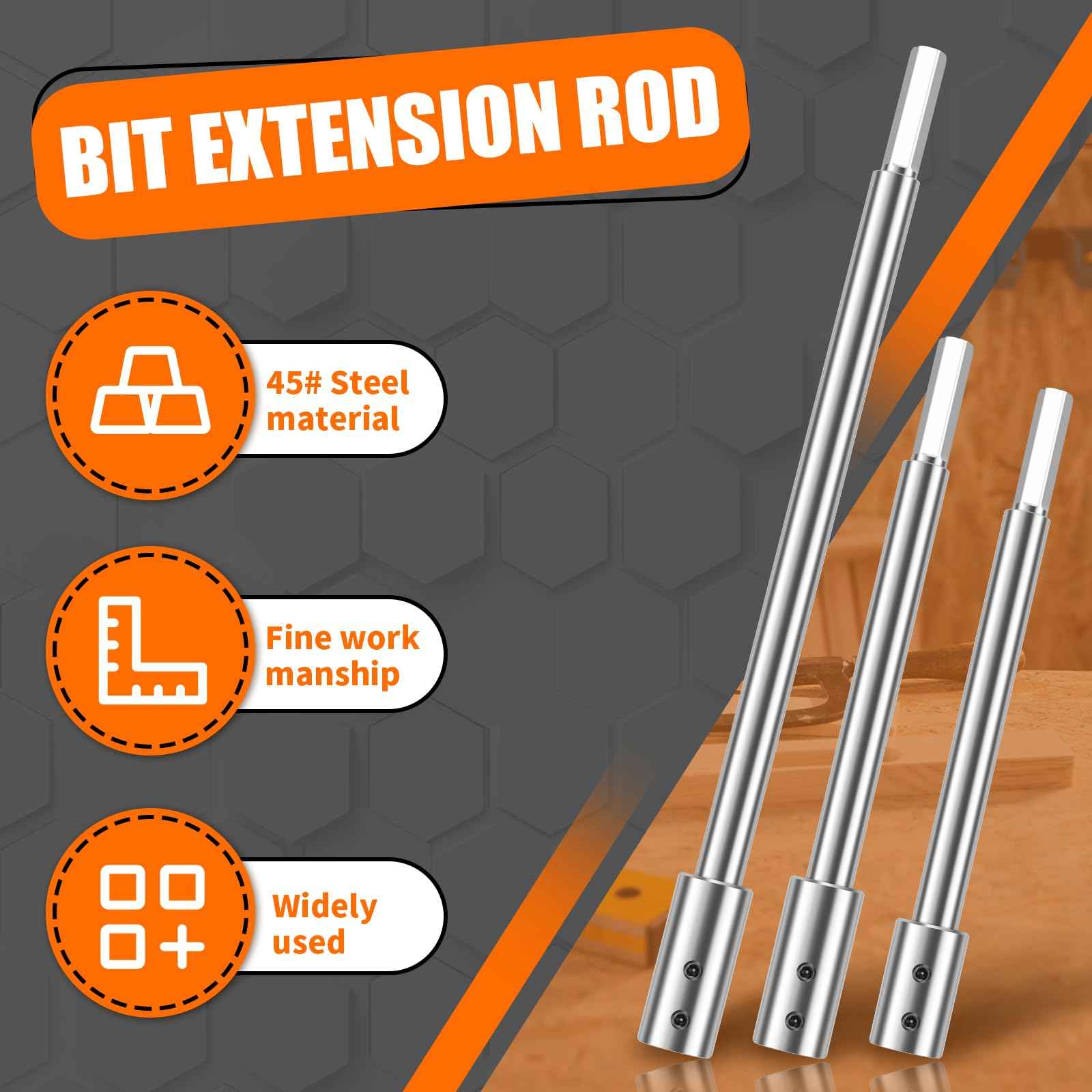 FALESOUL 3Pcs Forstner Bit Extension for 3/8" Round Shank, High-Carbon Steel Wood Spade Drill Bit Extender, for Adding Over 8+3/4 inches to 5+3/8 inches inches of Drilling Depth (10+6.7+6.6 inch)